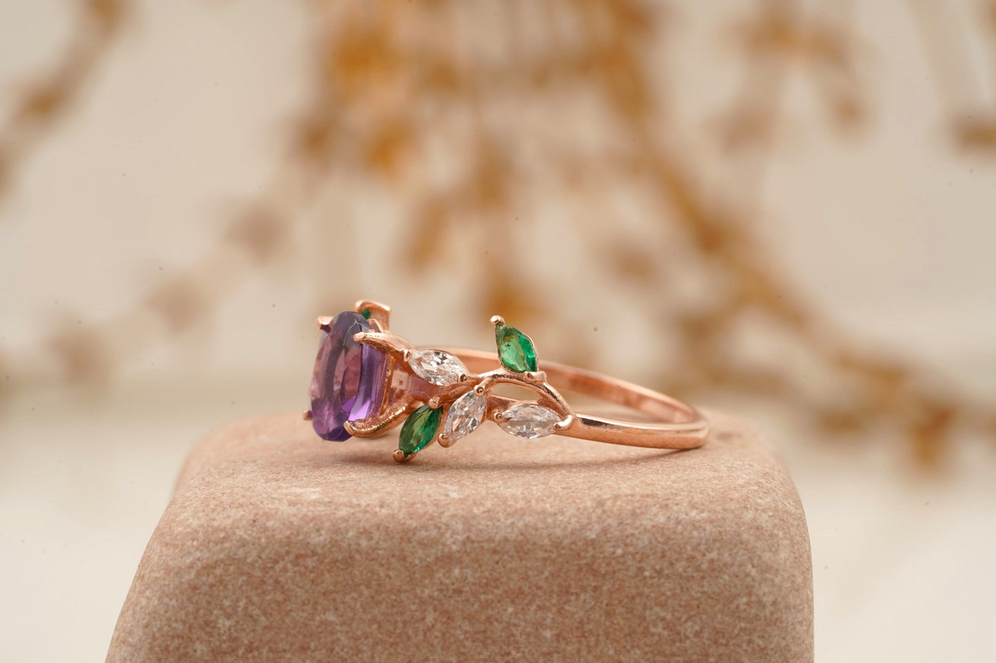 Oval Amethyst Ring Marquise Emerald And CZ Cluster Engagement Ring
