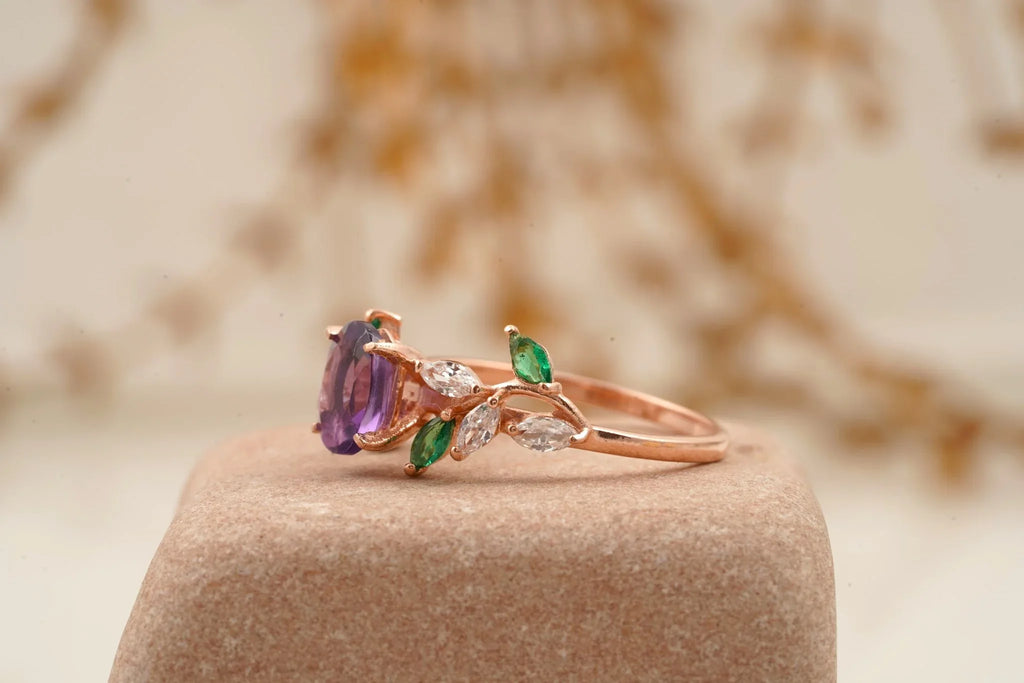 Oval Amethyst & Emerald CZ Cluster Engagement Ring - MinimalistJewels