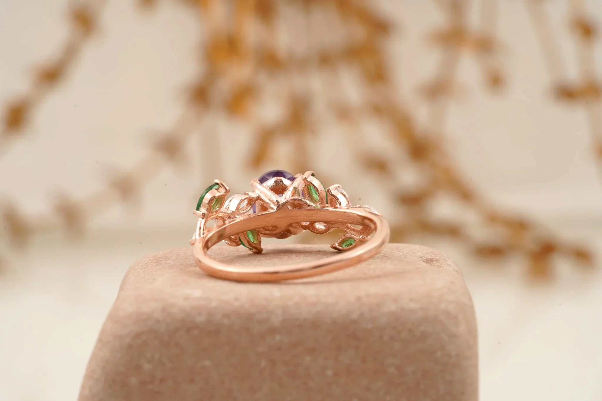Oval Amethyst & Emerald CZ Cluster Engagement Ring - MinimalistJewels