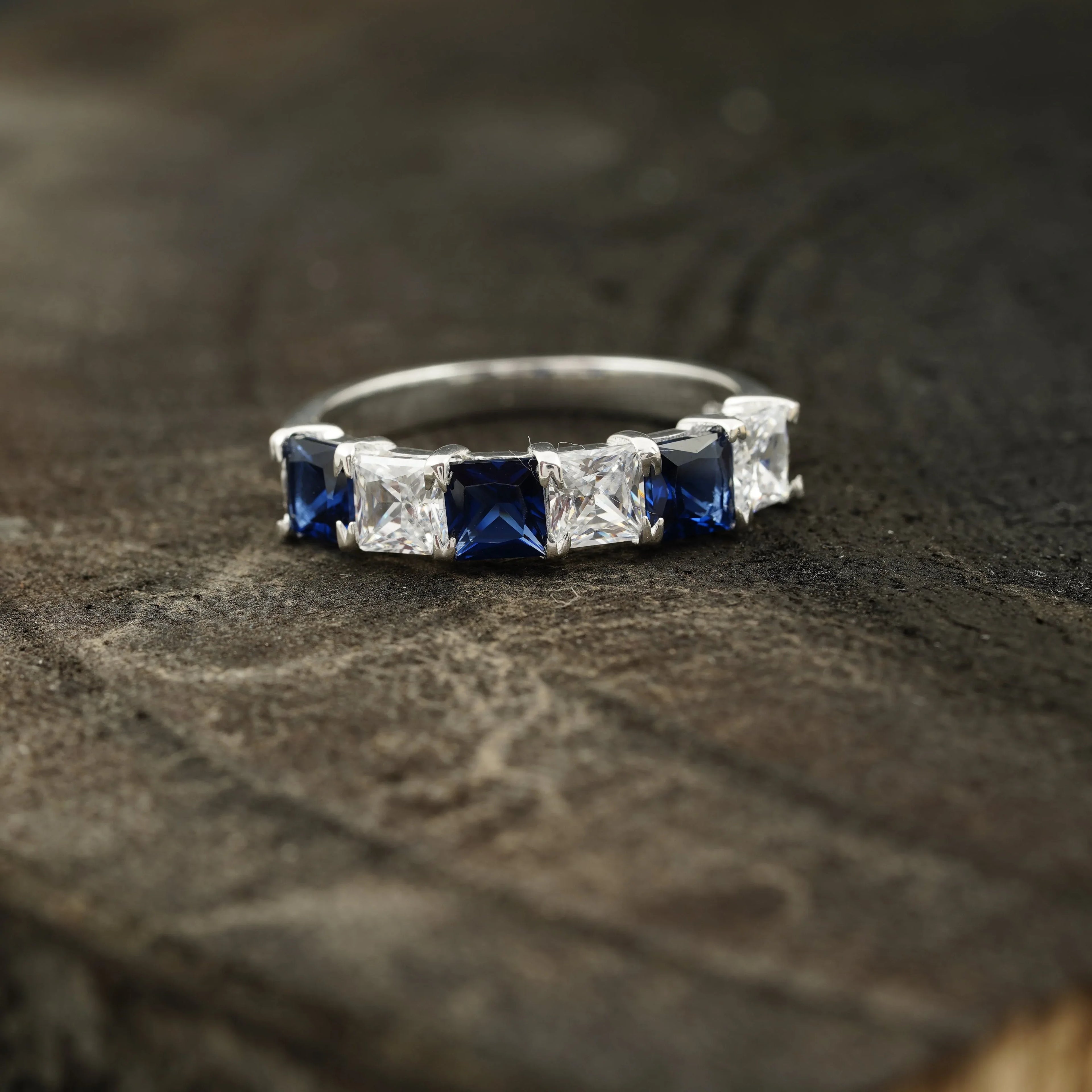 Princess Cut Sapphire And Diamond 925 Silver Wedding Band - MinimalistJewels