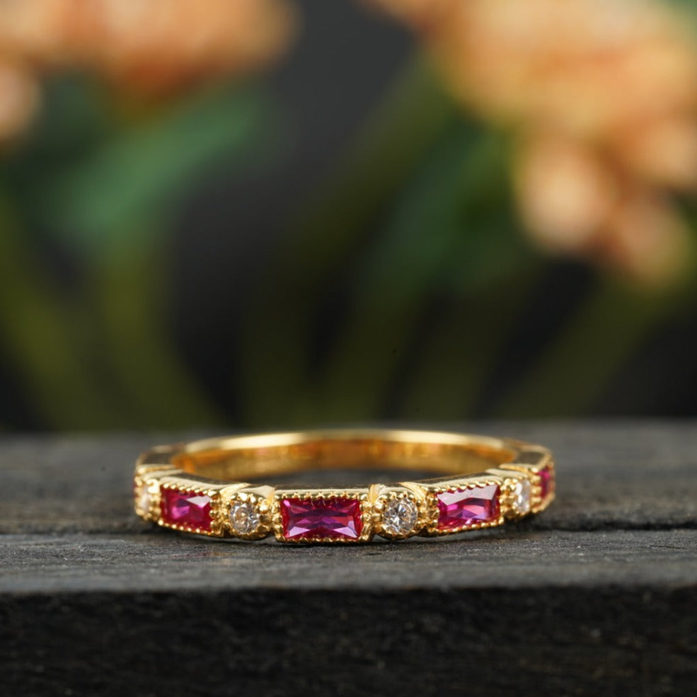 Baguette Cut Ruby Half Eternity Wedding Band