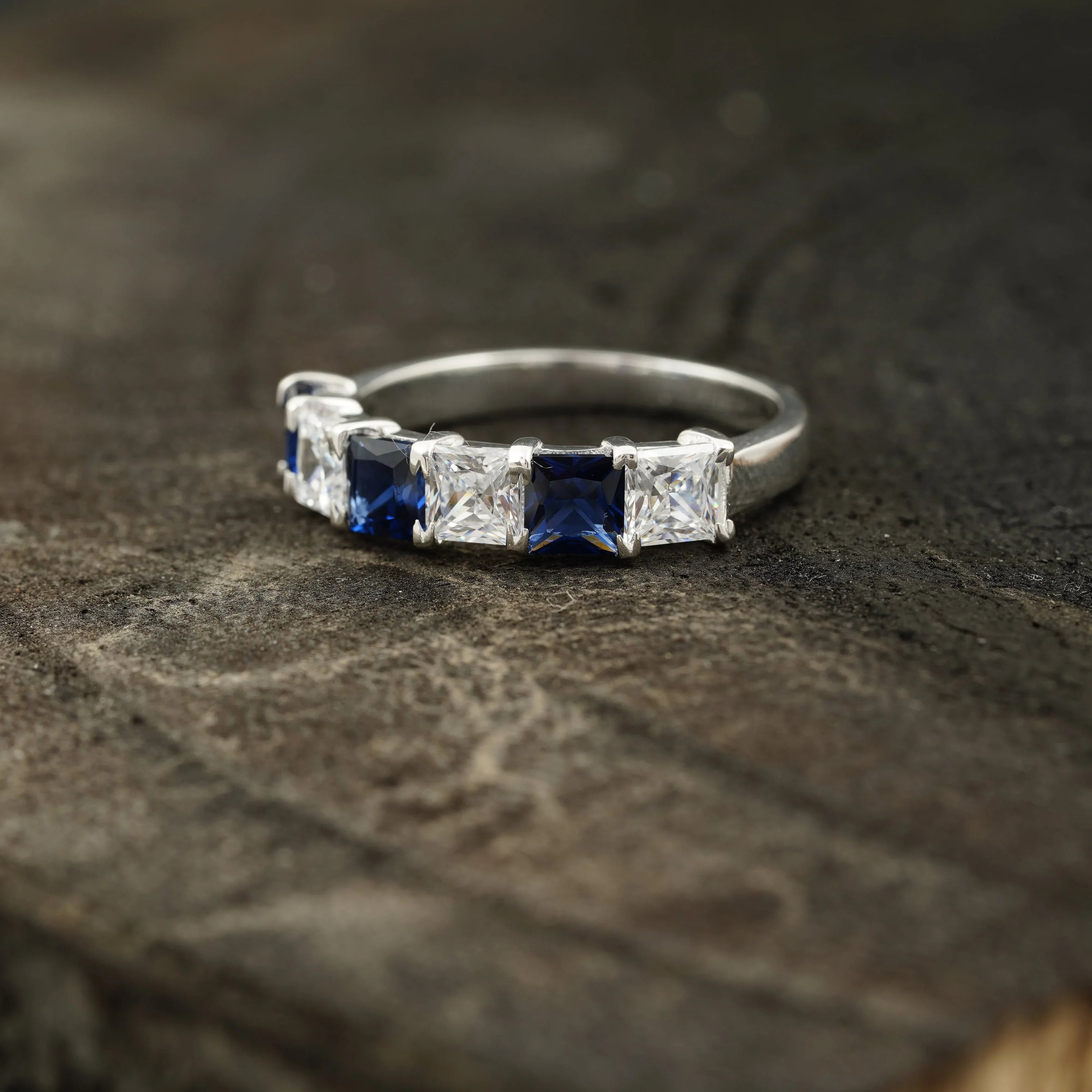 Princess Cut Sapphire And Diamond 925 Silver Wedding Band - MinimalistJewels
