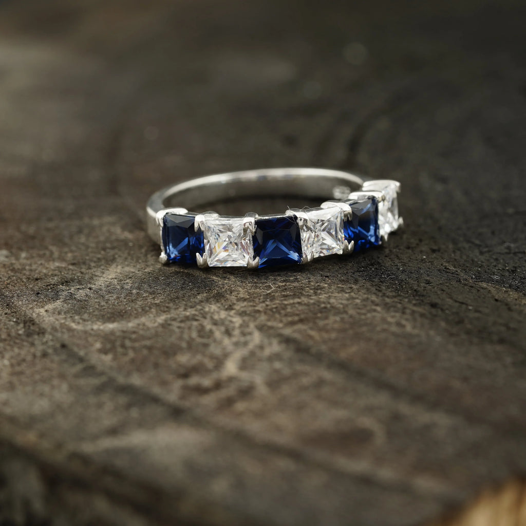 Princess Cut Sapphire And Diamond 925 Silver Wedding Band - MinimalistJewels
