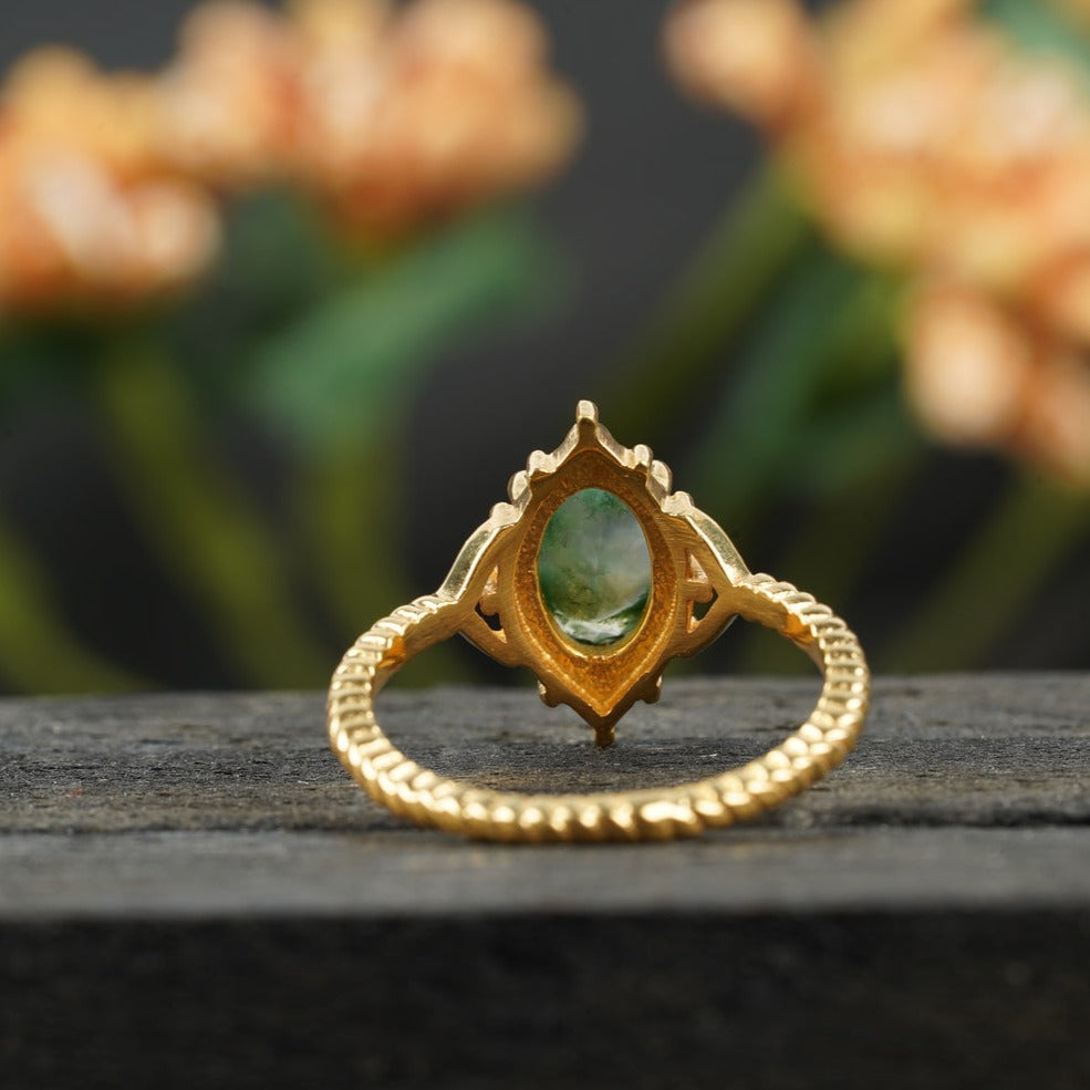 Vintage Oval Moss Agate 14k Gold Engagement Ring 
