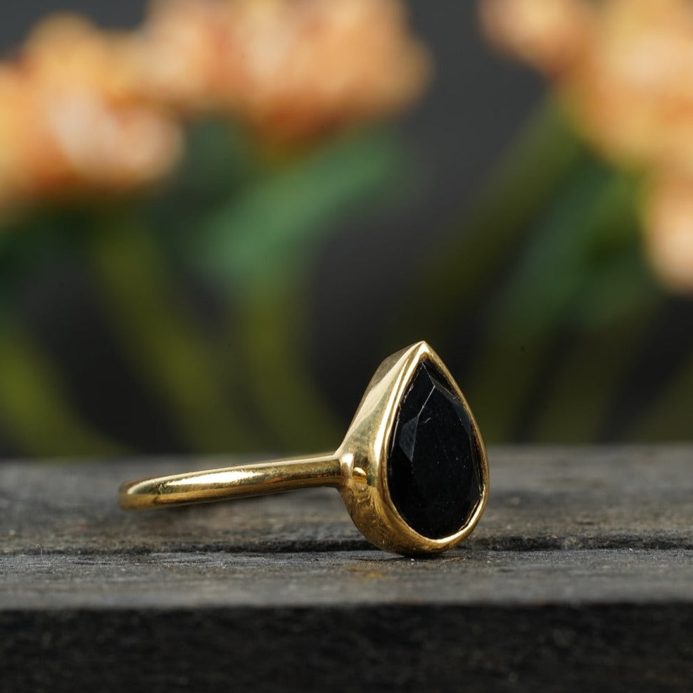 Pear Cut Black Onyx Solid Gold Stacking Ring