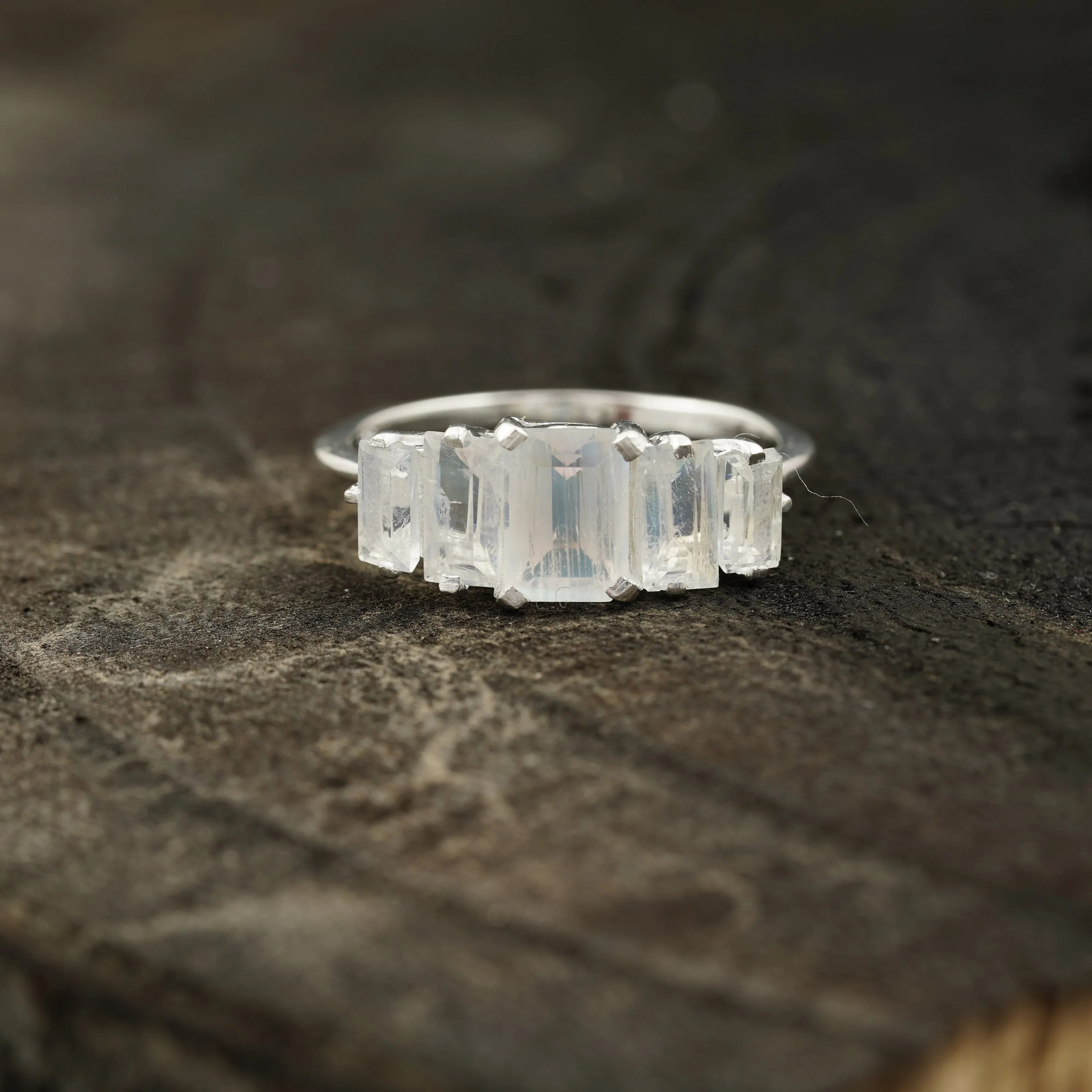 Emerald Cut Moonstone Engagement Ring 925 Sterling Silver - MinimalistJewels