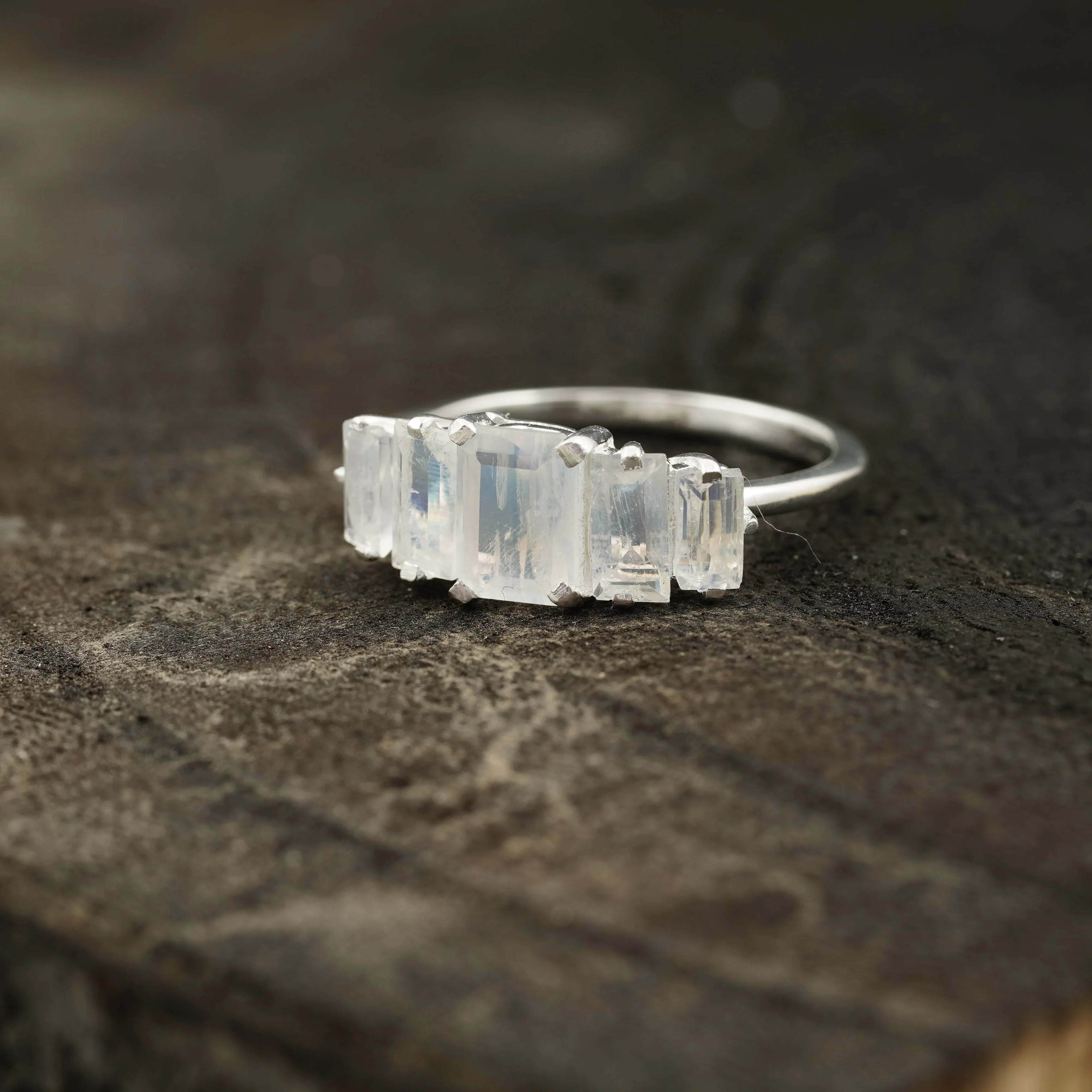 Emerald Cut Moonstone Engagement Ring 925 Sterling Silver - MinimalistJewels