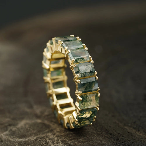 Baguette Cut Moss Agate Wedding Band 10K Sold Gold - MinimalistJewels