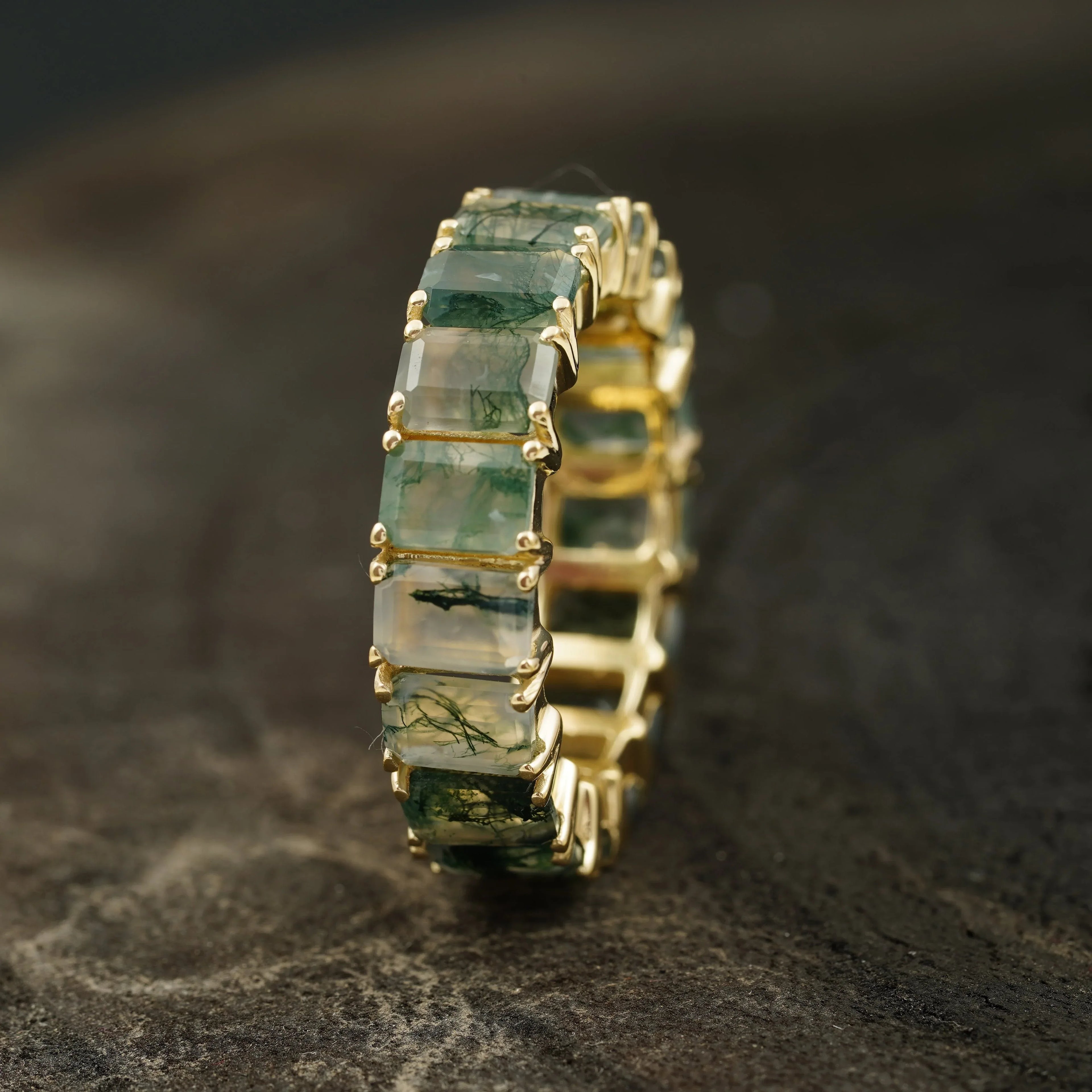 Baguette Cut Moss Agate Wedding Band 10K Sold Gold - MinimalistJewels