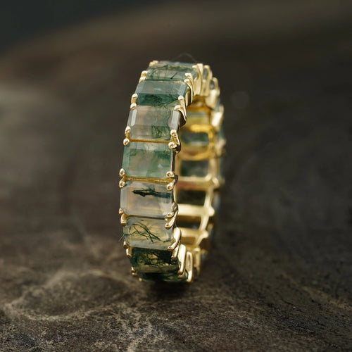 Baguette Cut Moss Agate Wedding Band 10K Sold Gold - MinimalistJewels