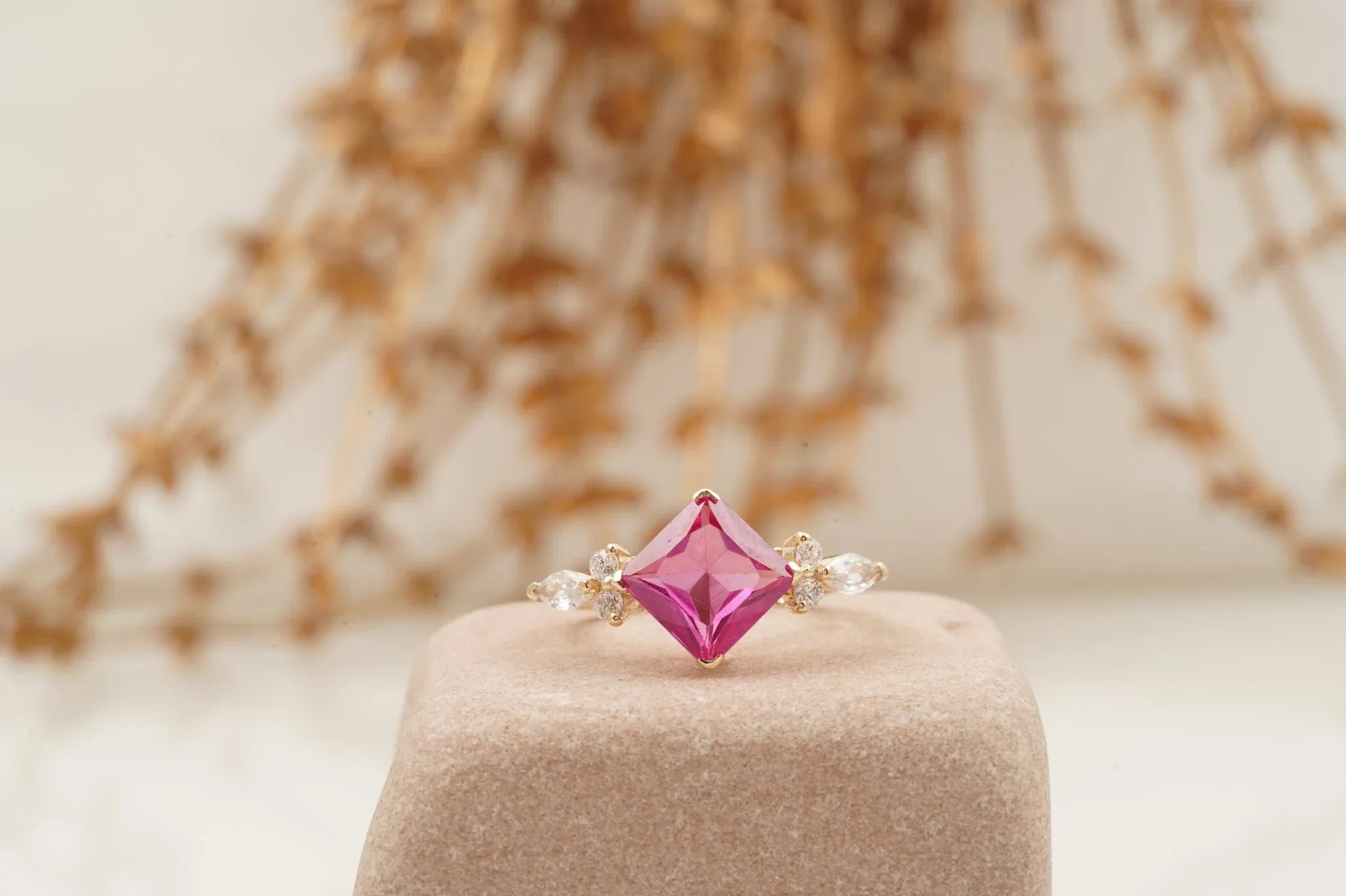 Princess Cut Ruby Ring Marquise Diamond Engagement Ring - MinimalistJewels