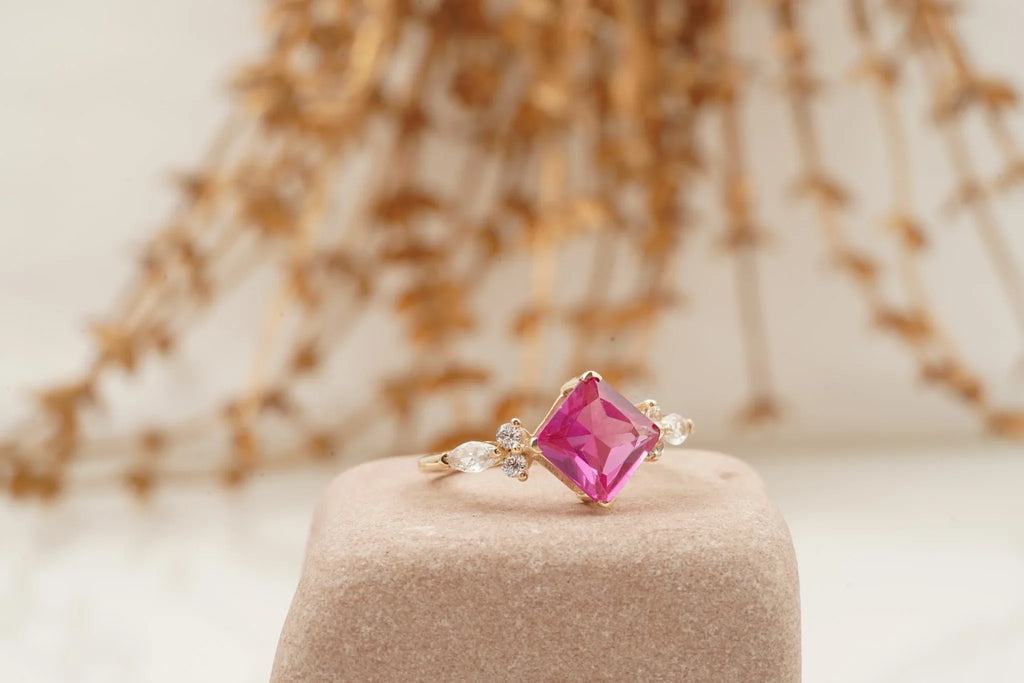 Princess Cut Ruby Ring Marquise Diamond Engagement Ring - MinimalistJewels