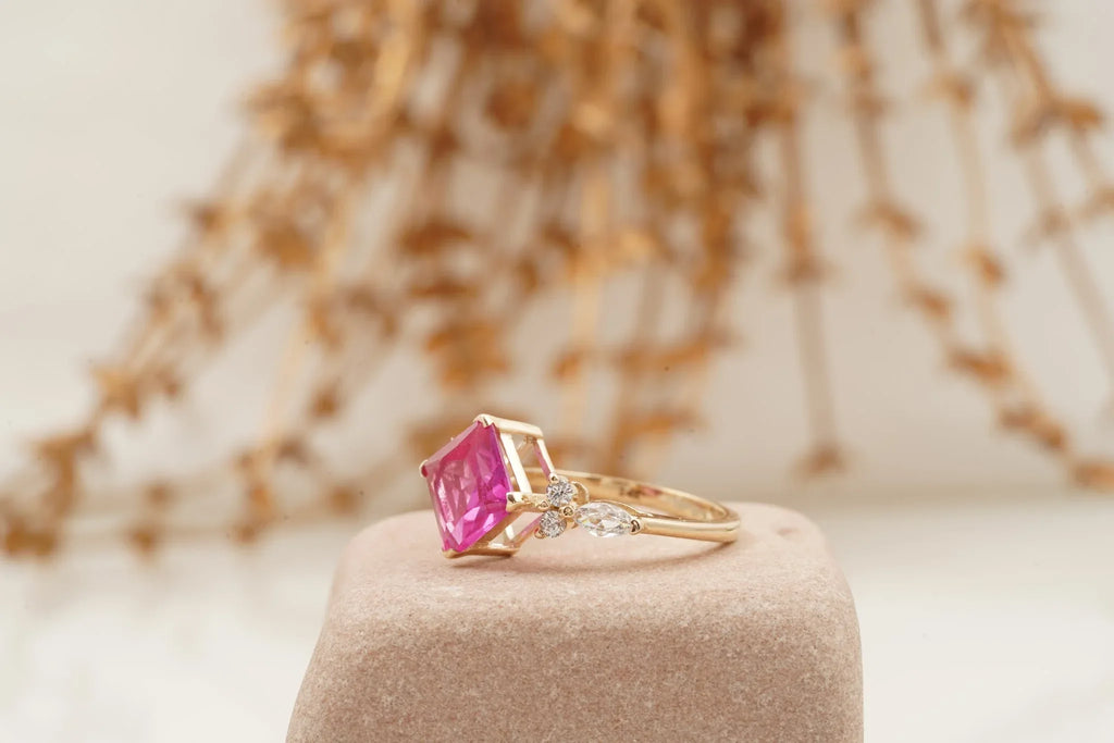 Princess Cut Ruby Ring Marquise Diamond Engagement Ring - MinimalistJewels