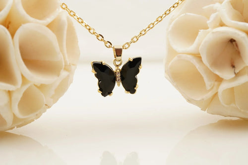 Black Onyx Butterfly Necklace With Diamonds And Prongs - MinimalistJewels