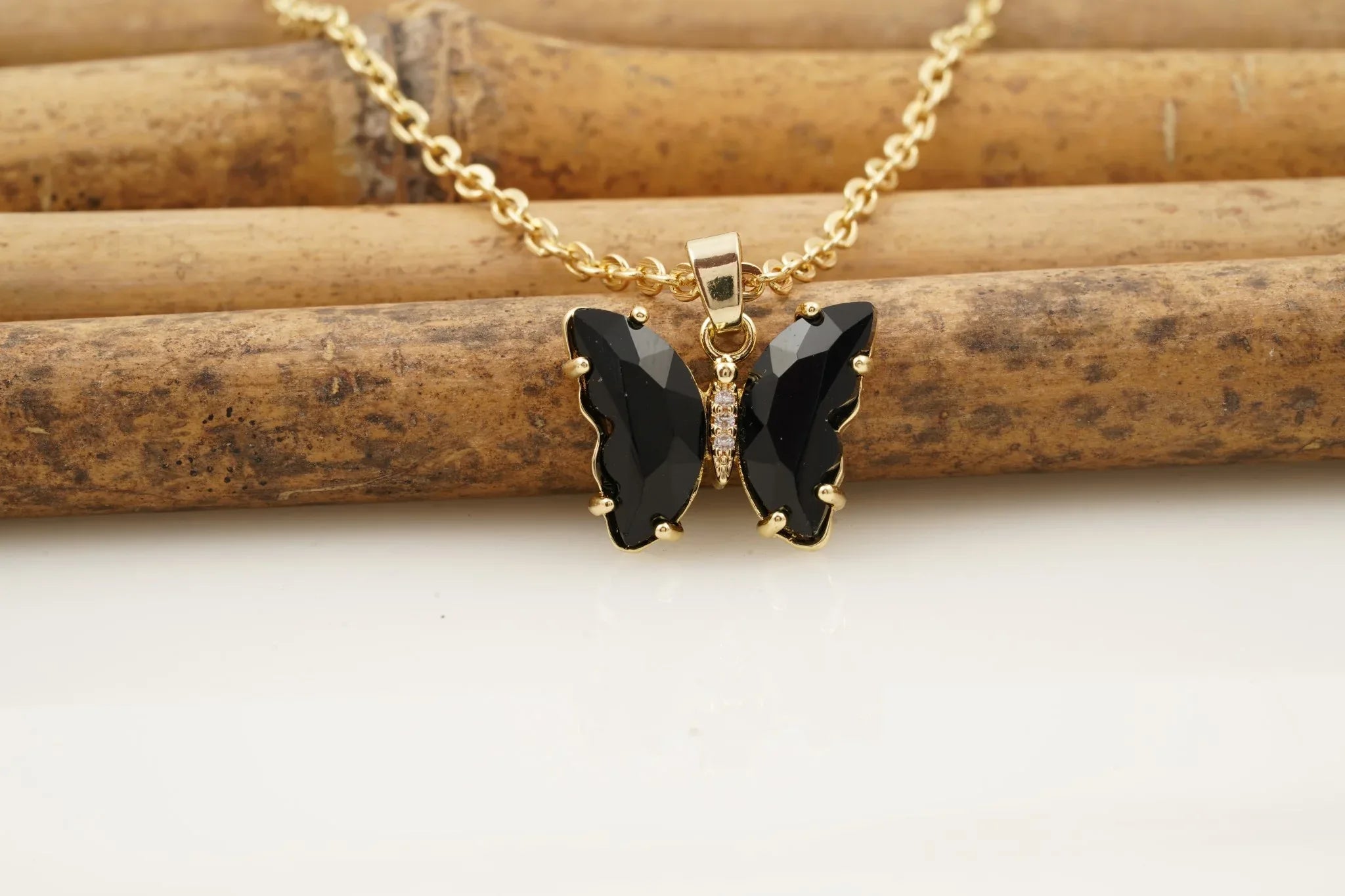Black Onyx Butterfly Necklace With Diamonds And Prongs - MinimalistJewels