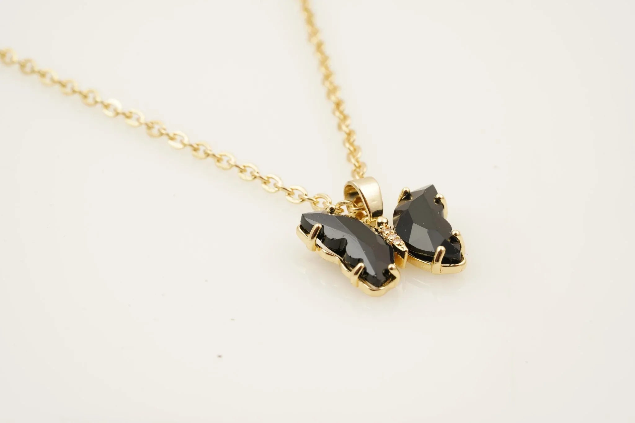 Black Onyx Butterfly Necklace With Diamonds And Prongs - MinimalistJewels