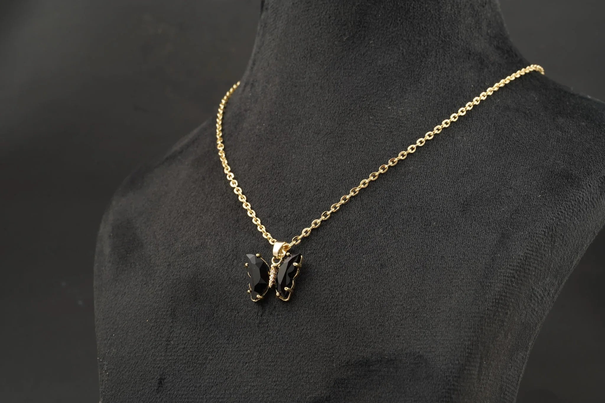 Black Onyx Butterfly Necklace With Diamonds And Prongs - MinimalistJewels