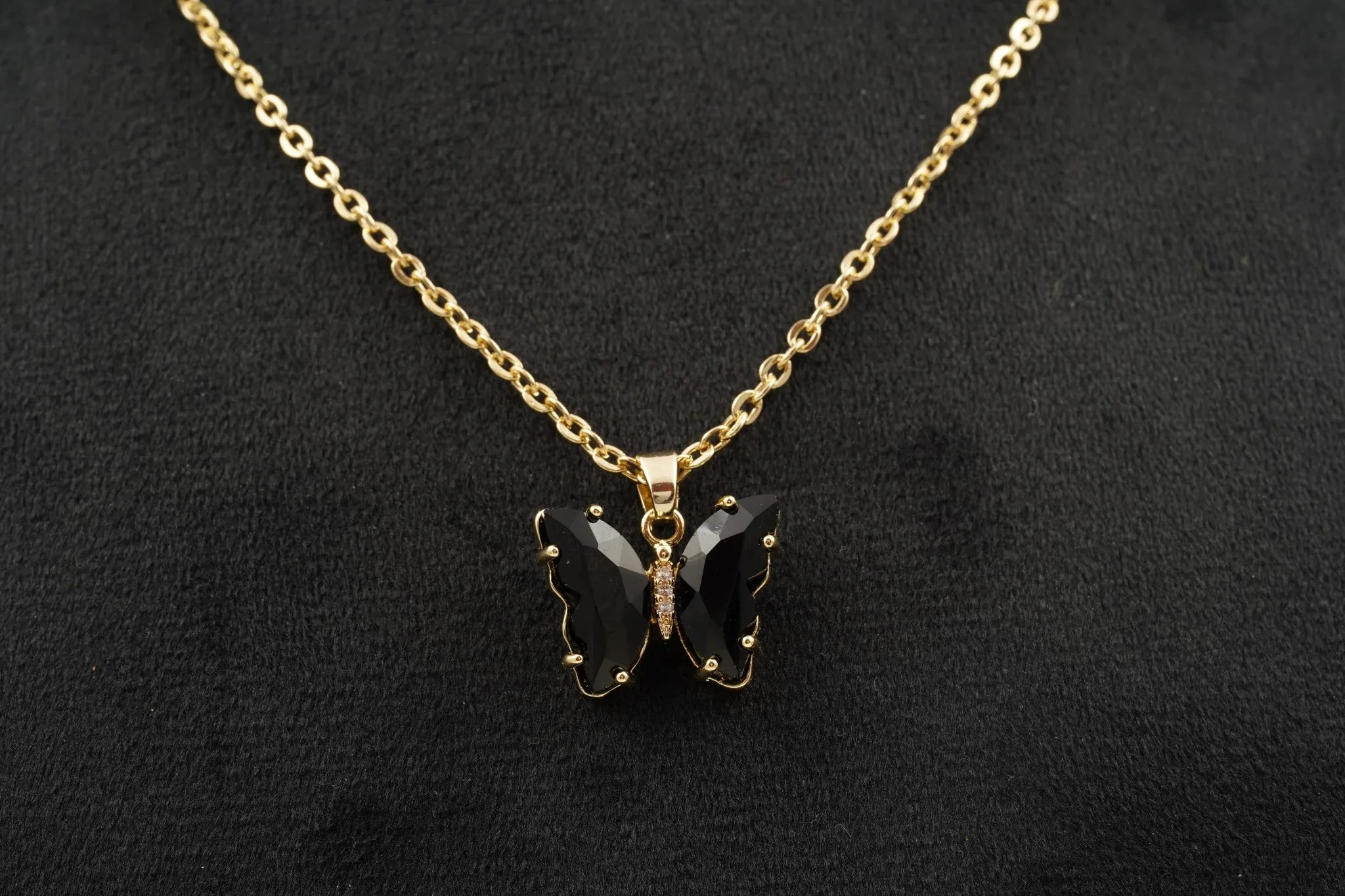 Black Onyx Butterfly Necklace With Diamonds And Prongs - MinimalistJewels