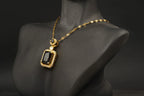 Black Onyx Pendant Solid Gold Emerald Cut Halo Diamond Pendant With Chain - MinimalistJewels