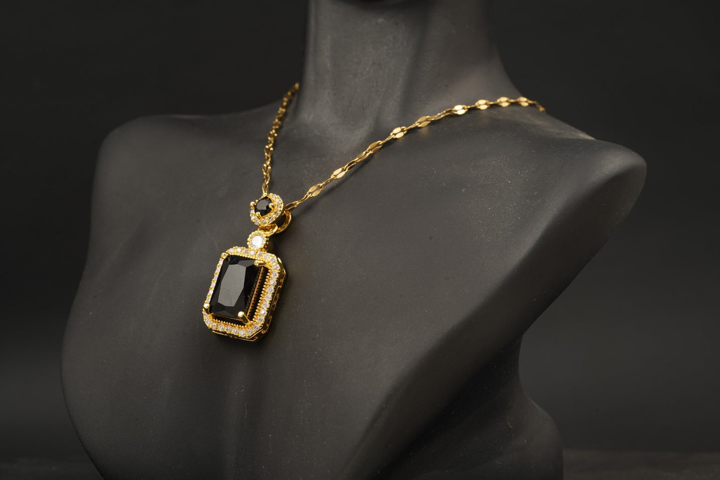 Black Onyx Pendant Solid Gold Emerald Cut Halo Diamond Pendant With Chain