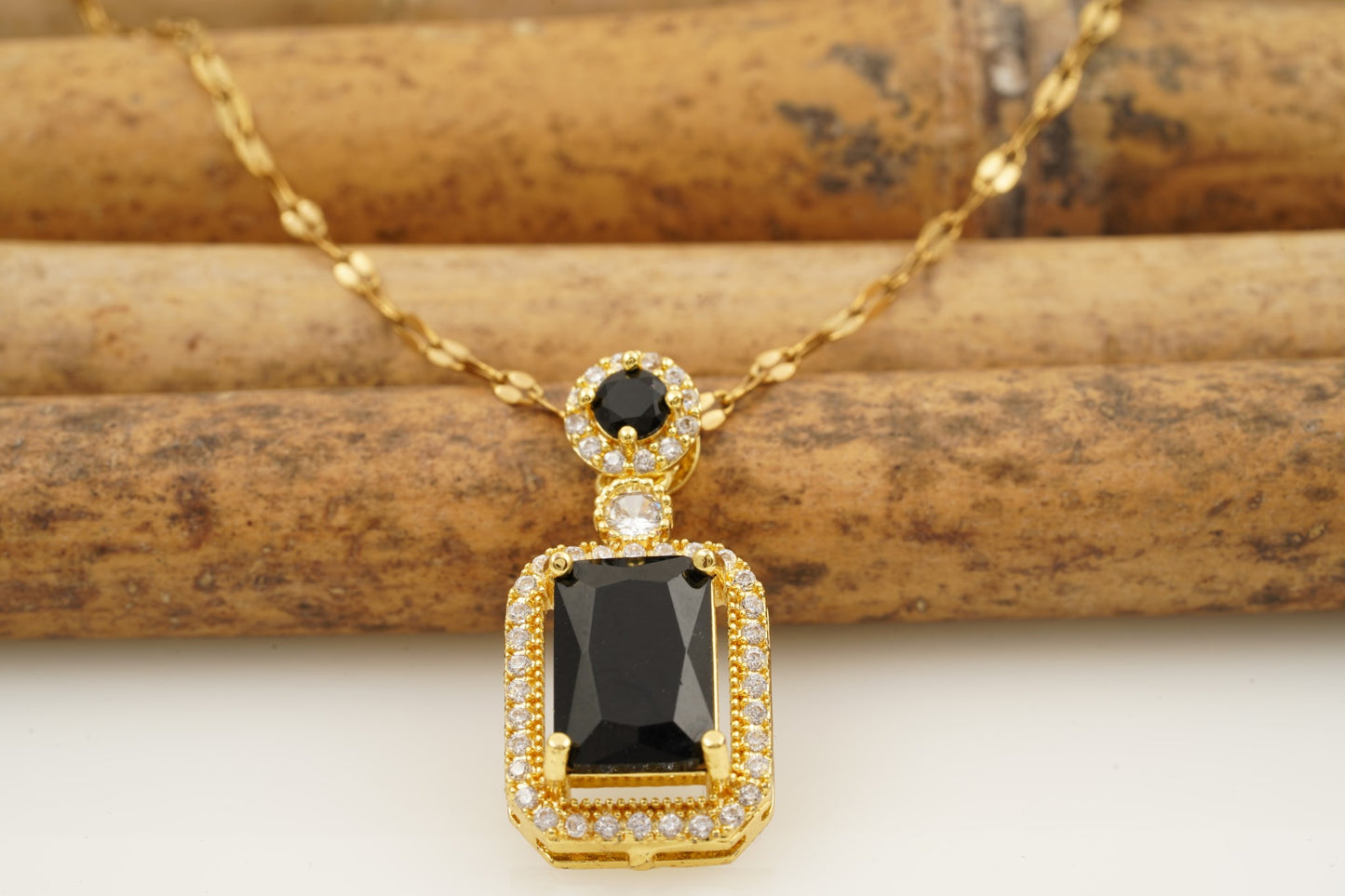 Black Onyx Pendant Solid Gold Emerald Cut Halo Diamond Pendant With Chain