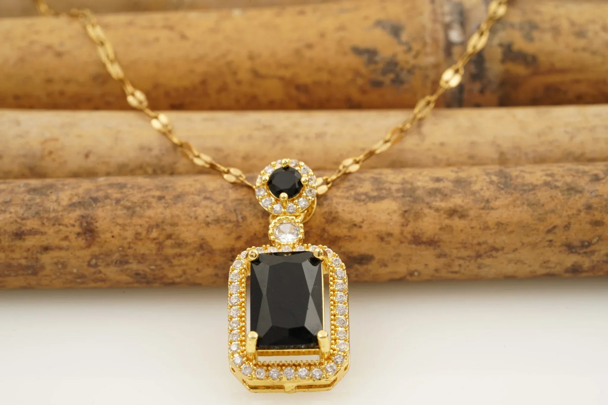 Black Onyx Pendant Solid Gold Emerald Cut Halo Diamond Pendant With Chain - MinimalistJewels