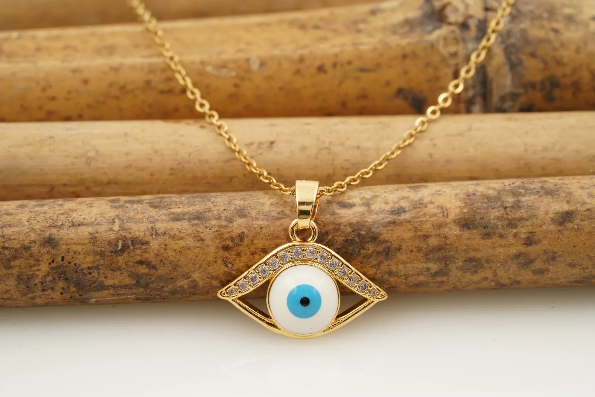 Dainty Evil Eye Pendant Halo Diamond With Gold Chain For Women - MinimalistJewels