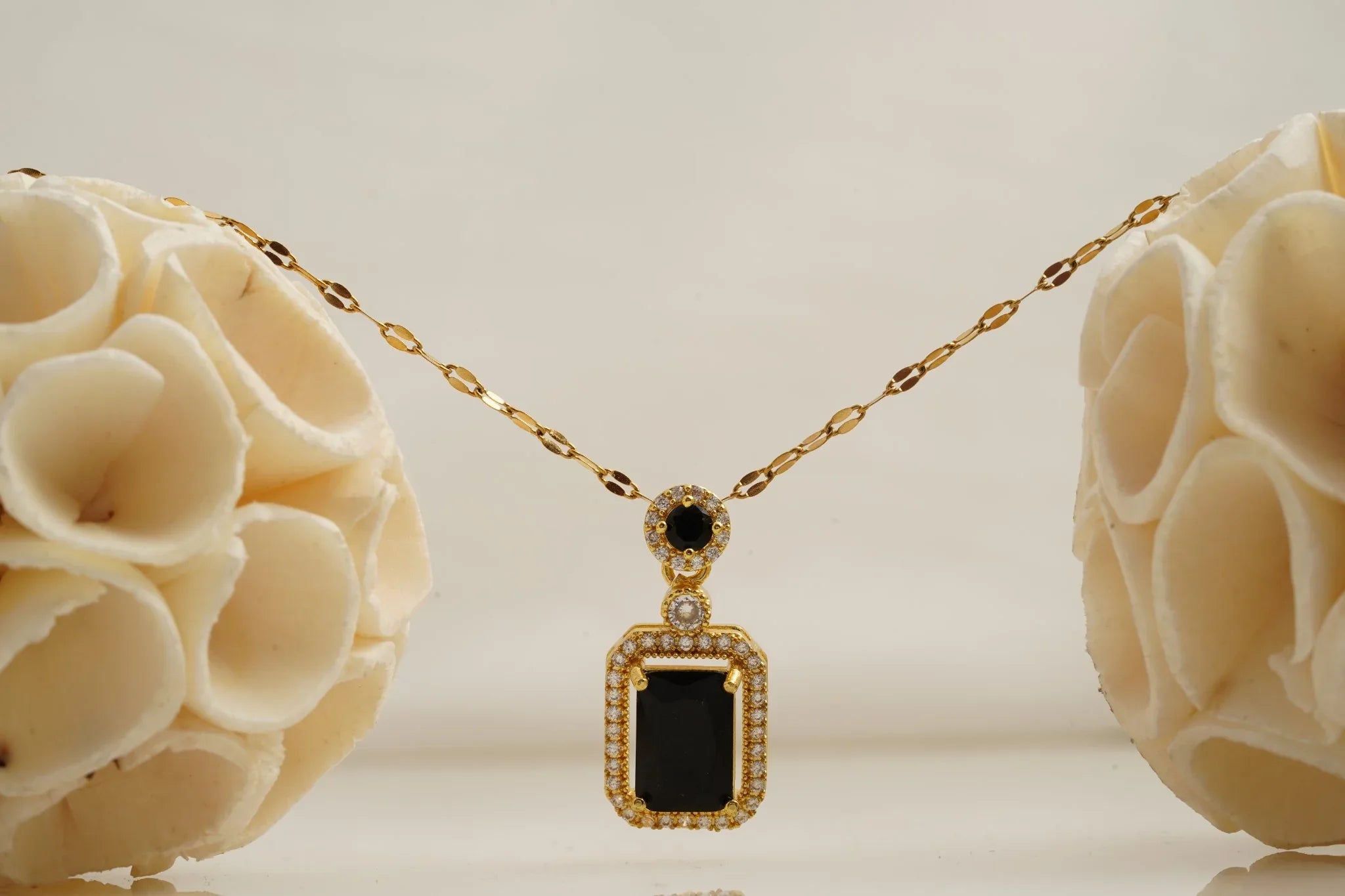 Black Onyx Pendant Solid Gold Emerald Cut Halo Diamond Pendant With Chain - MinimalistJewels