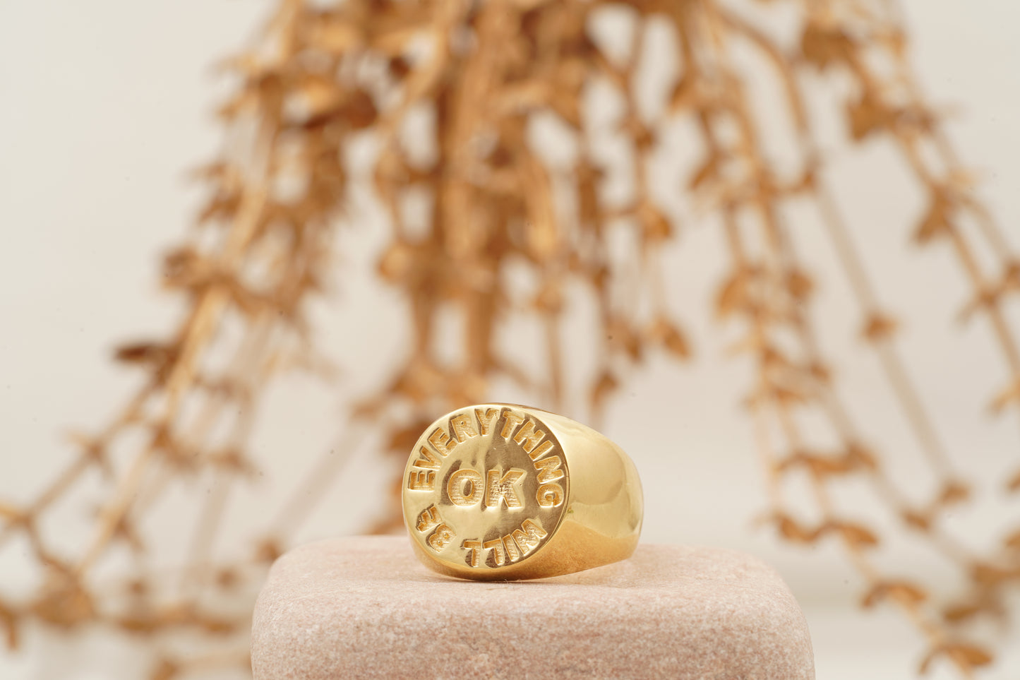 Engraved 'Everything Will Be OK' Solid Gold Ring Left Angle