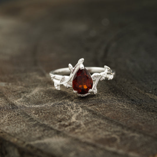 Red Garnet Leaf Engagement Ring