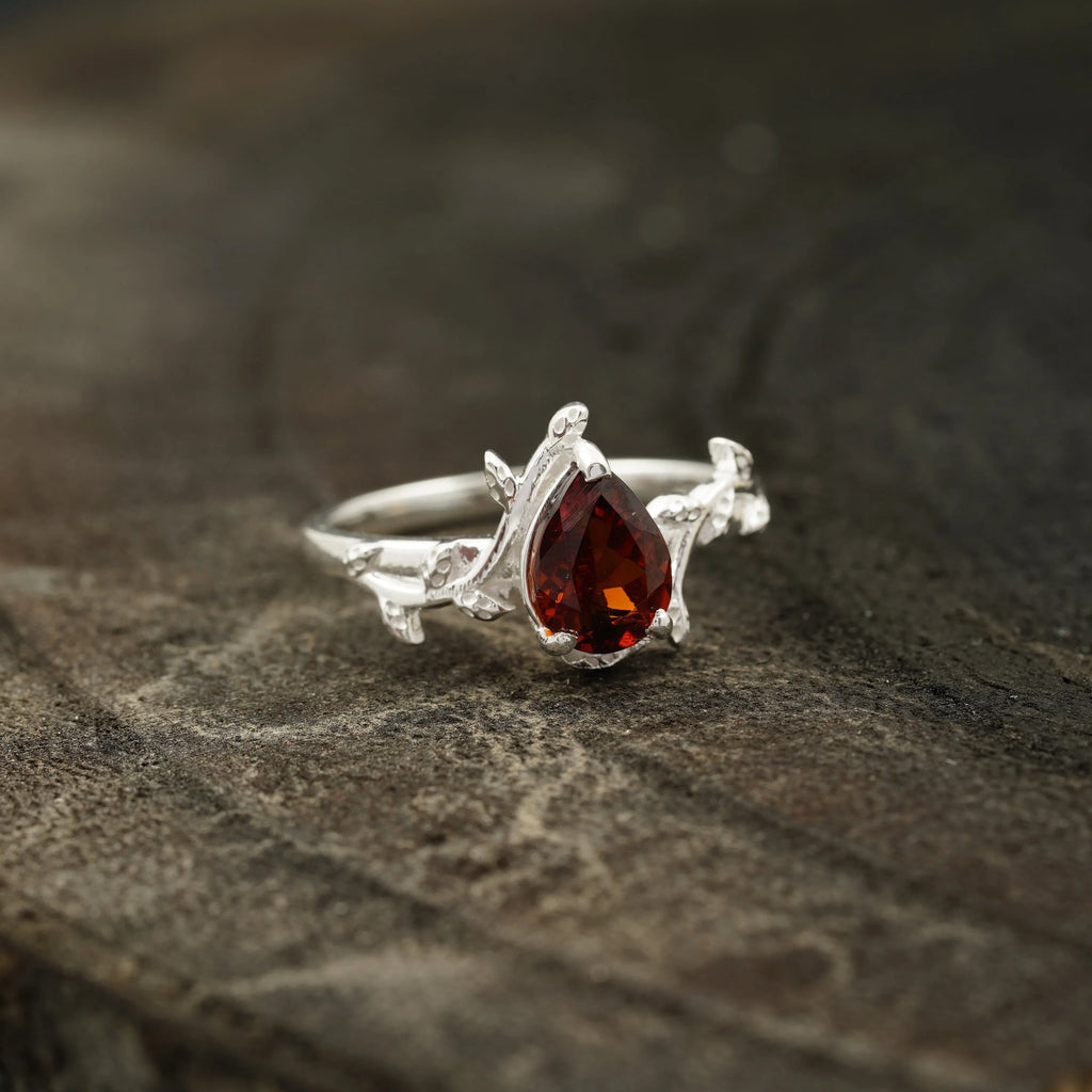 Red Garnet Leaf Engagement Ring - MinimalistJewels