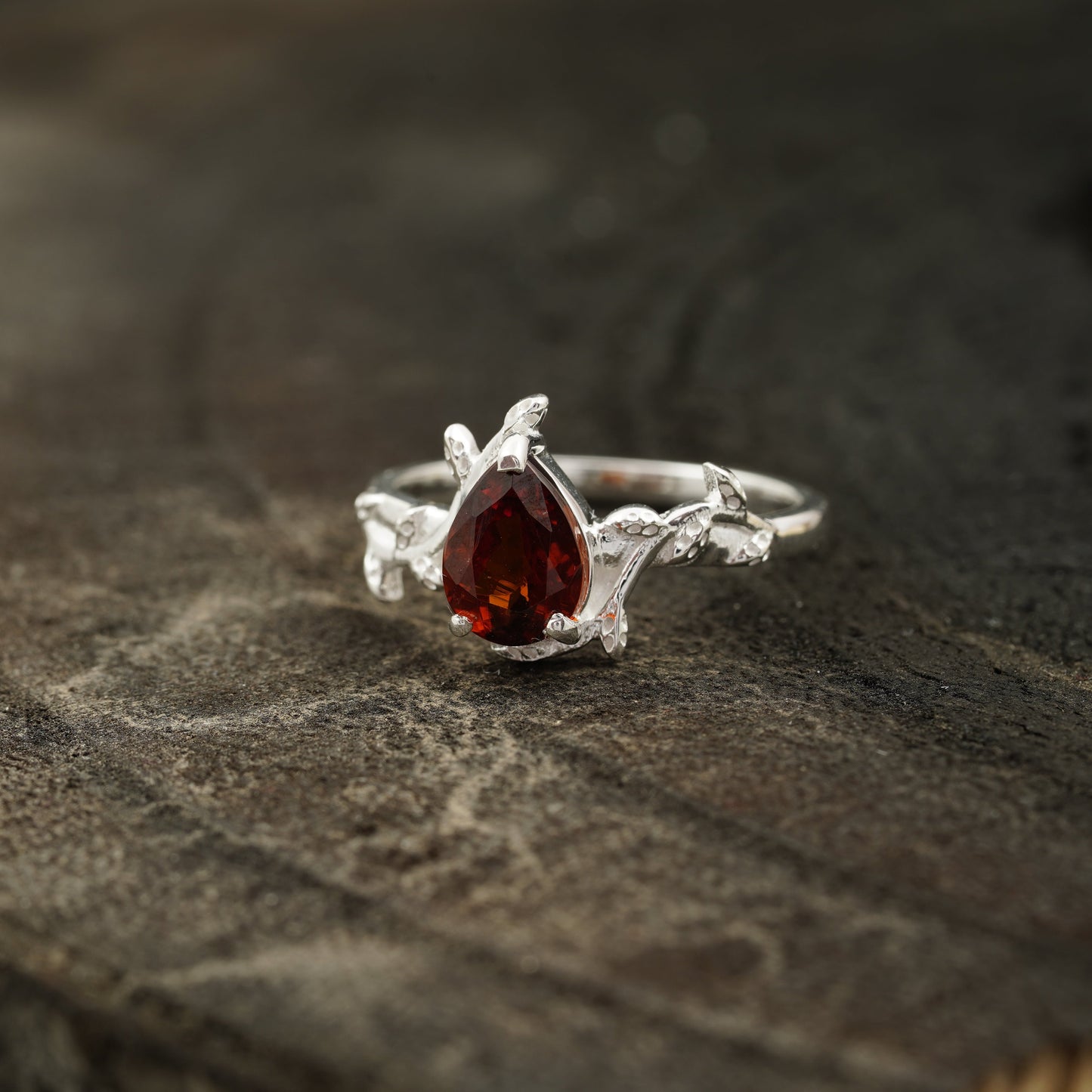 Red Garnet Leaf Engagement Ring Left Angle