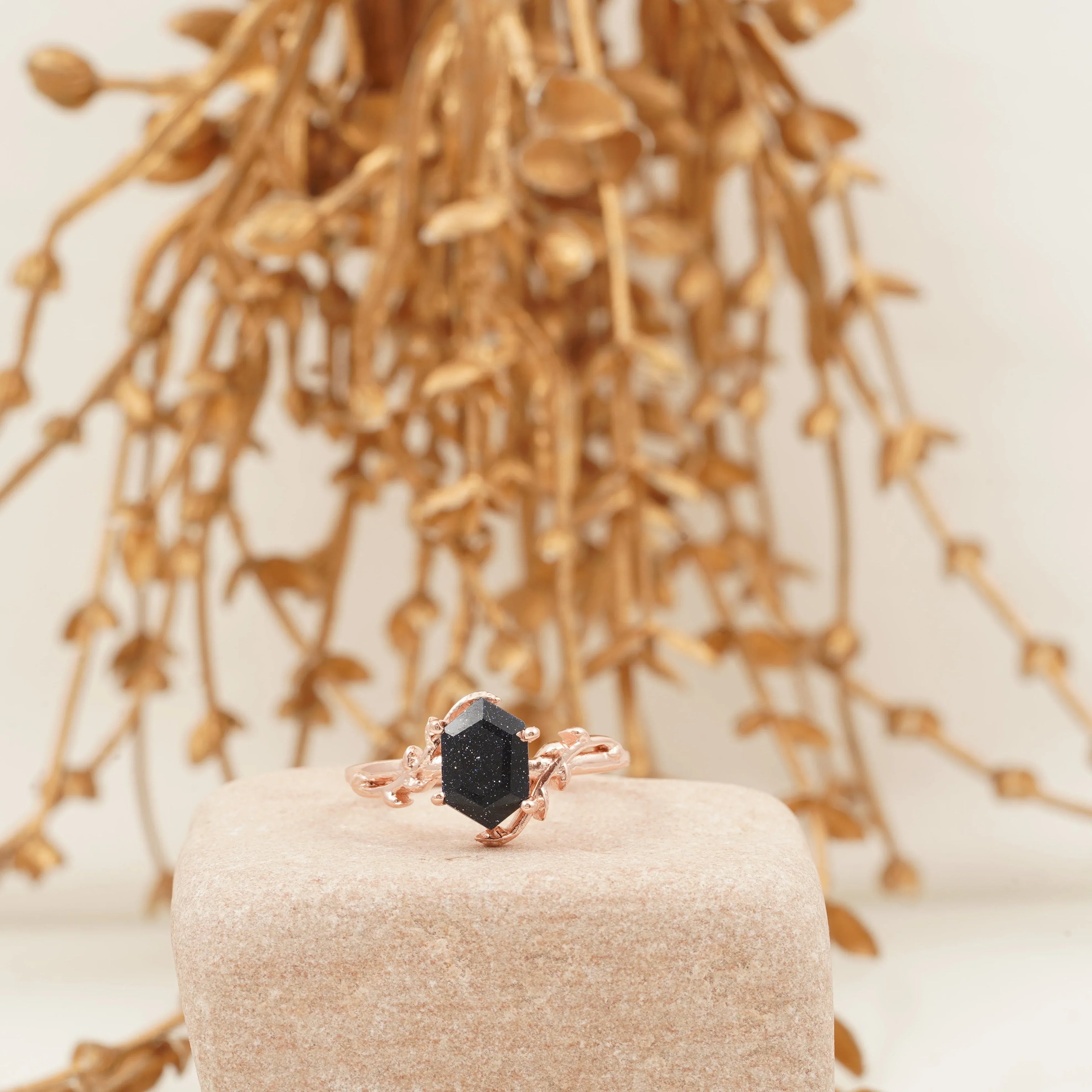 Hexagon Blue Sandstone Leaf Solitaire Ring - MinimalistJewels