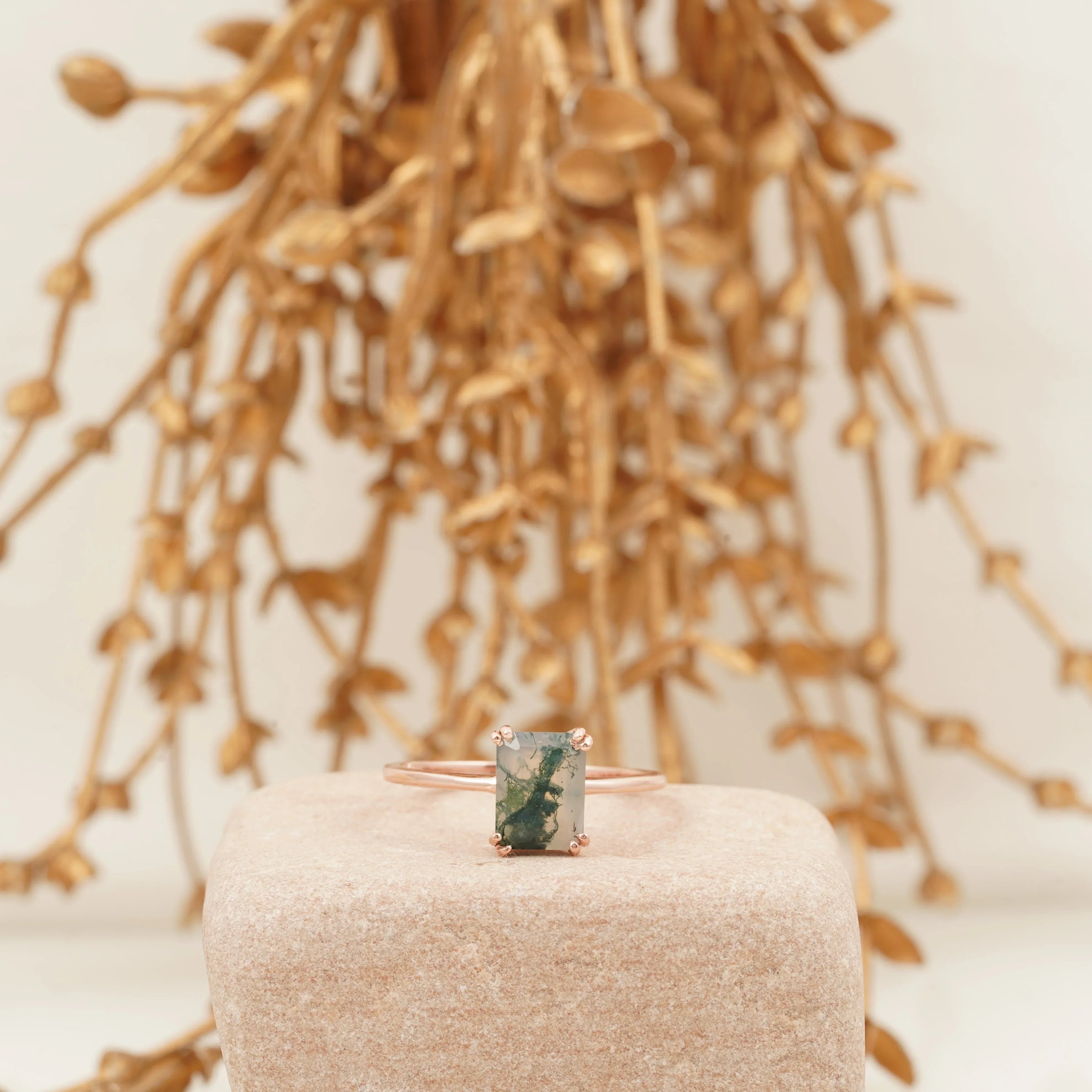 Emerald Cut Moss Agate Green Gemstone Solitaire Ring - MinimalistJewels