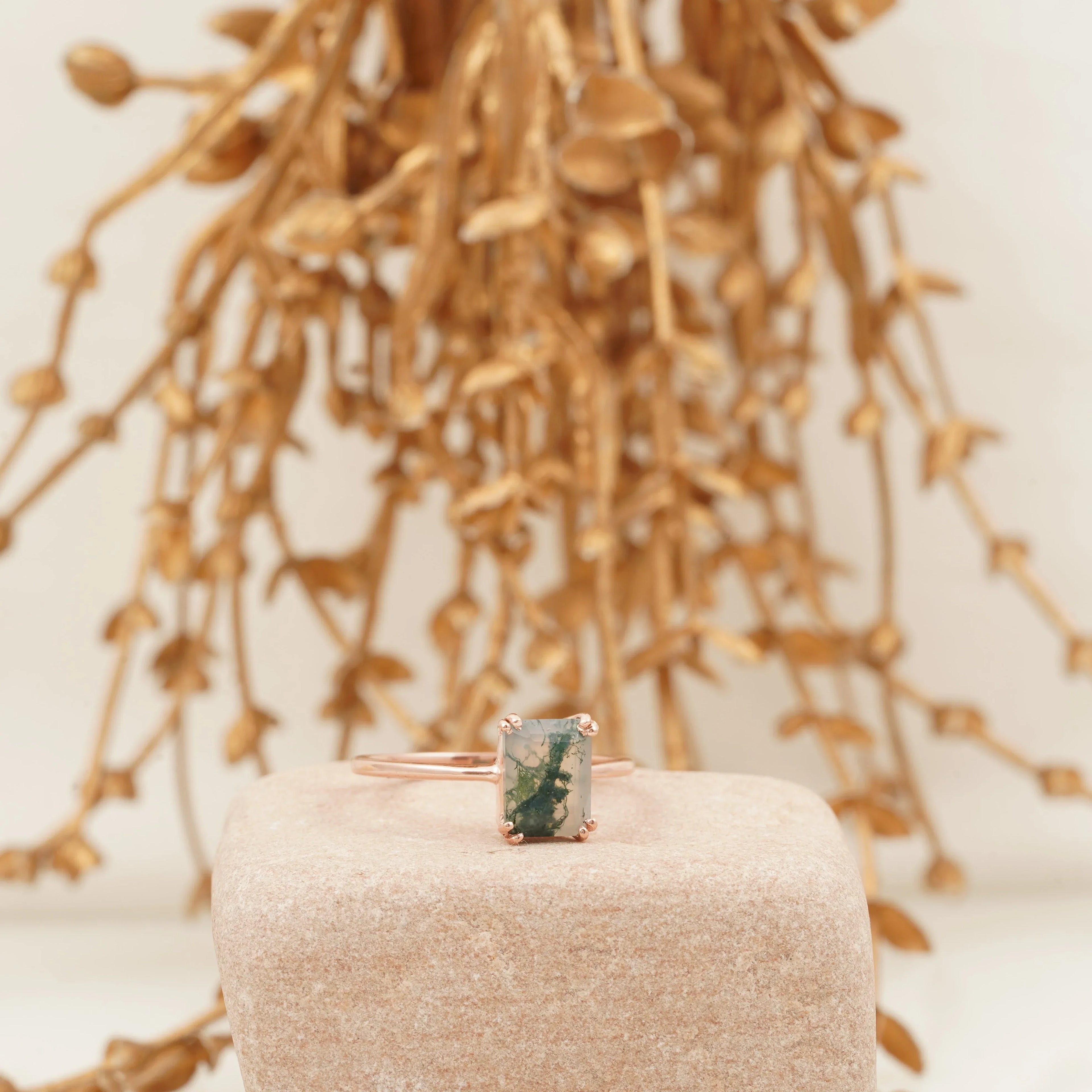 Emerald Cut Moss Agate Solitaire Ring - MinimalistJewels