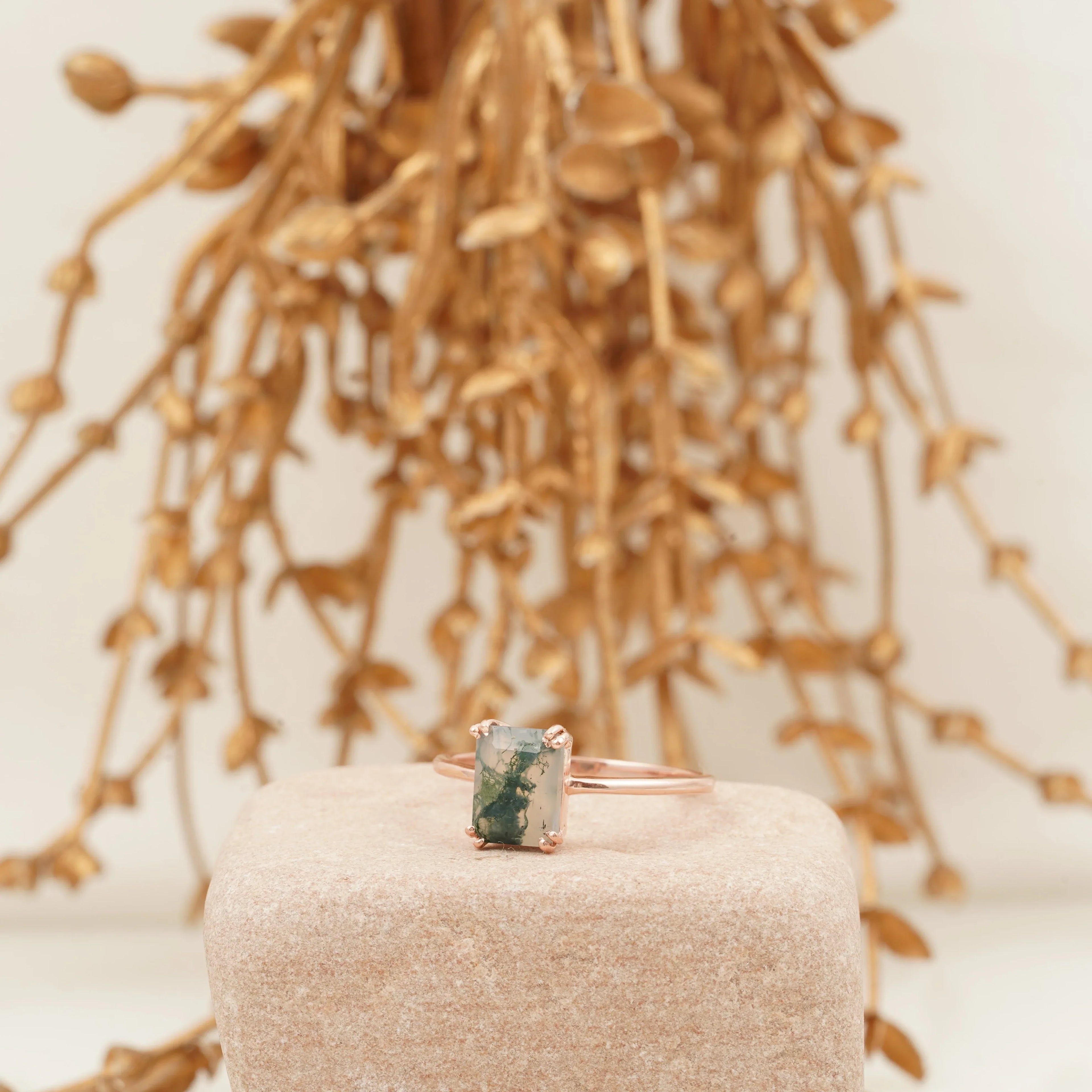 Emerald Cut Moss Agate Solitaire Ring - MinimalistJewels