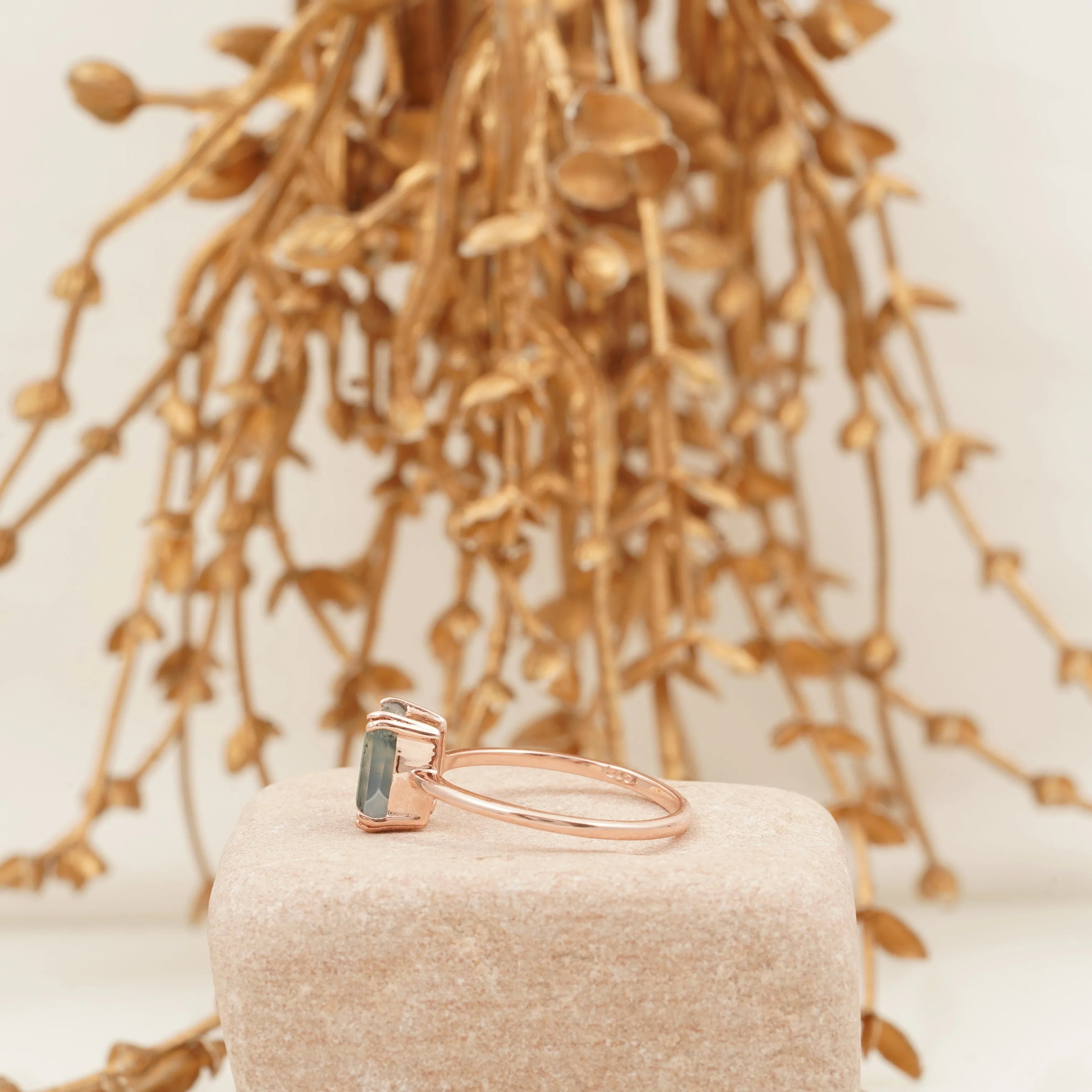 Emerald Cut Moss Agate Solitaire Ring - MinimalistJewels