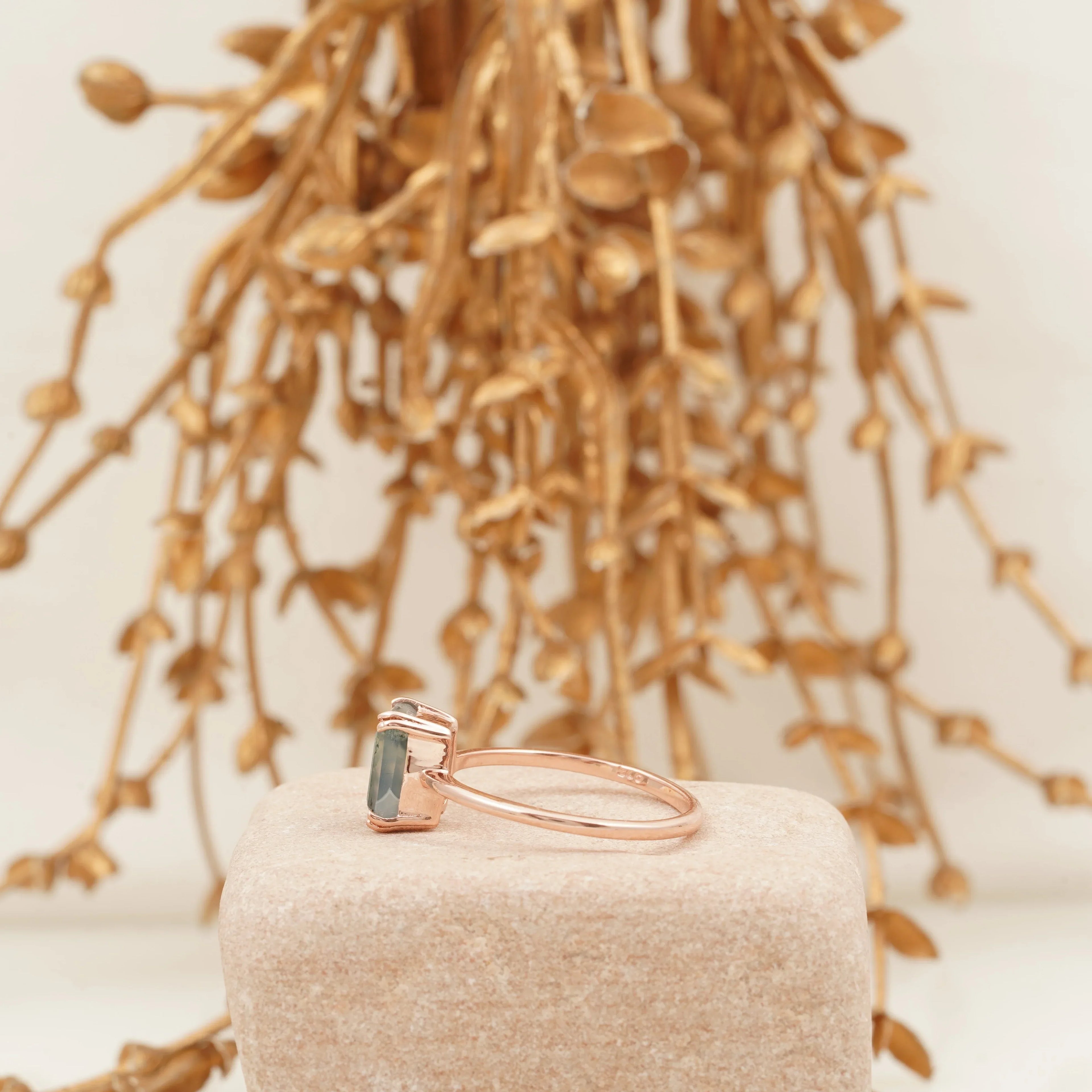 Emerald Cut Moss Agate Green Gemstone Solitaire Ring - MinimalistJewels