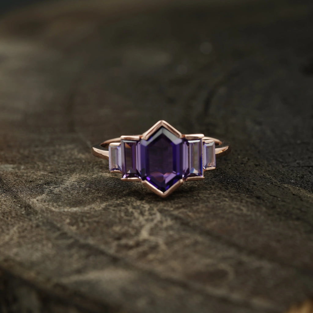 Hexagon Cut Purple Amethyst Bezel Set Engagement Ring - MinimalistJewels