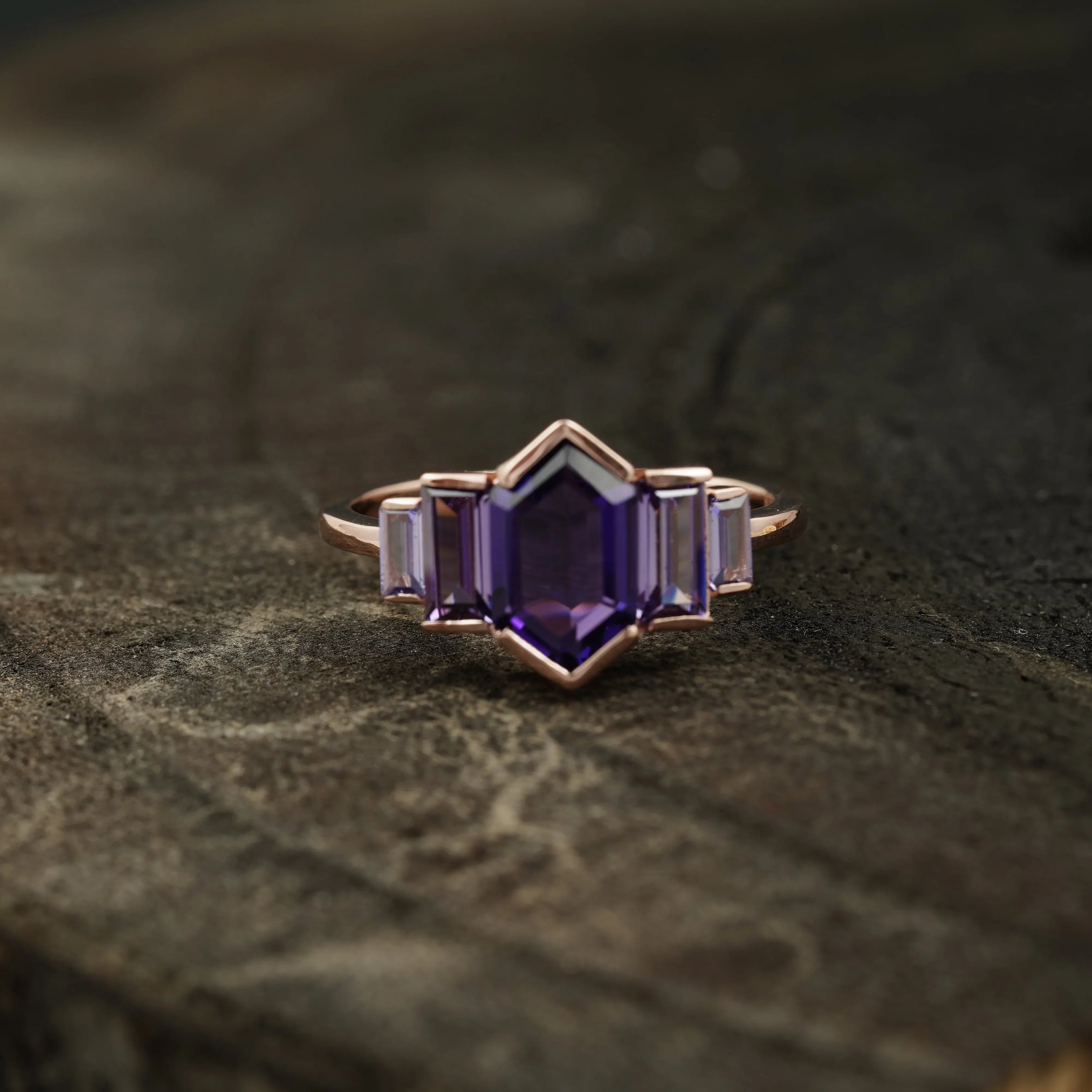 Hexagon Cut Purple Amethyst Bezel Set Engagement Ring - MinimalistJewels