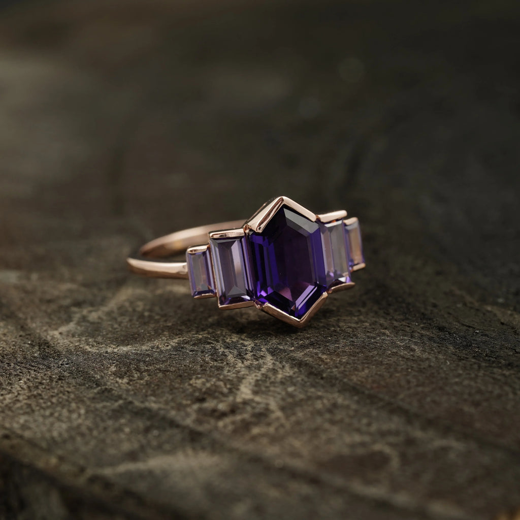 Hexagon Cut Purple Amethyst Bezel Set Engagement Ring - MinimalistJewels