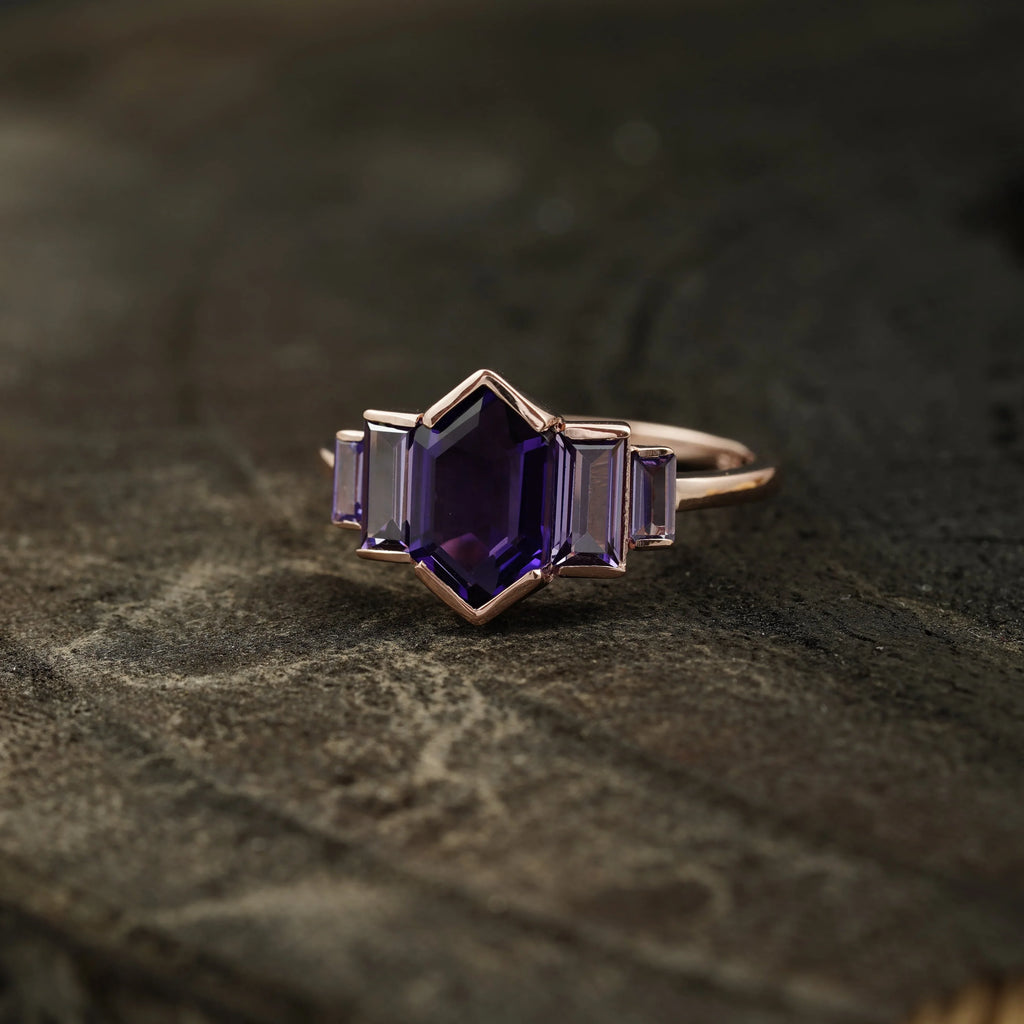 Hexagon Cut Purple Amethyst Bezel Set Engagement Ring - MinimalistJewels