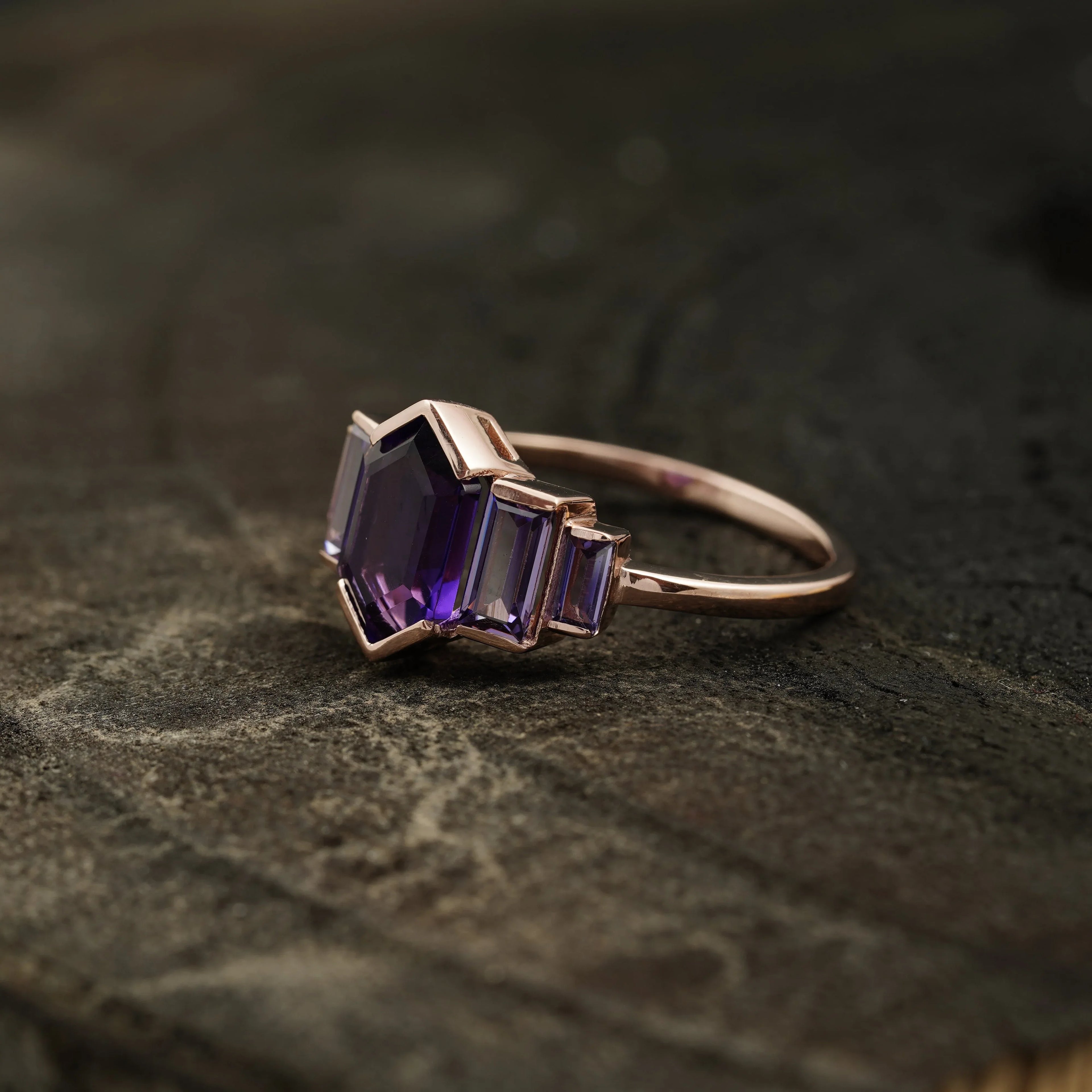 Hexagon Cut Purple Amethyst Bezel Set Engagement Ring - MinimalistJewels