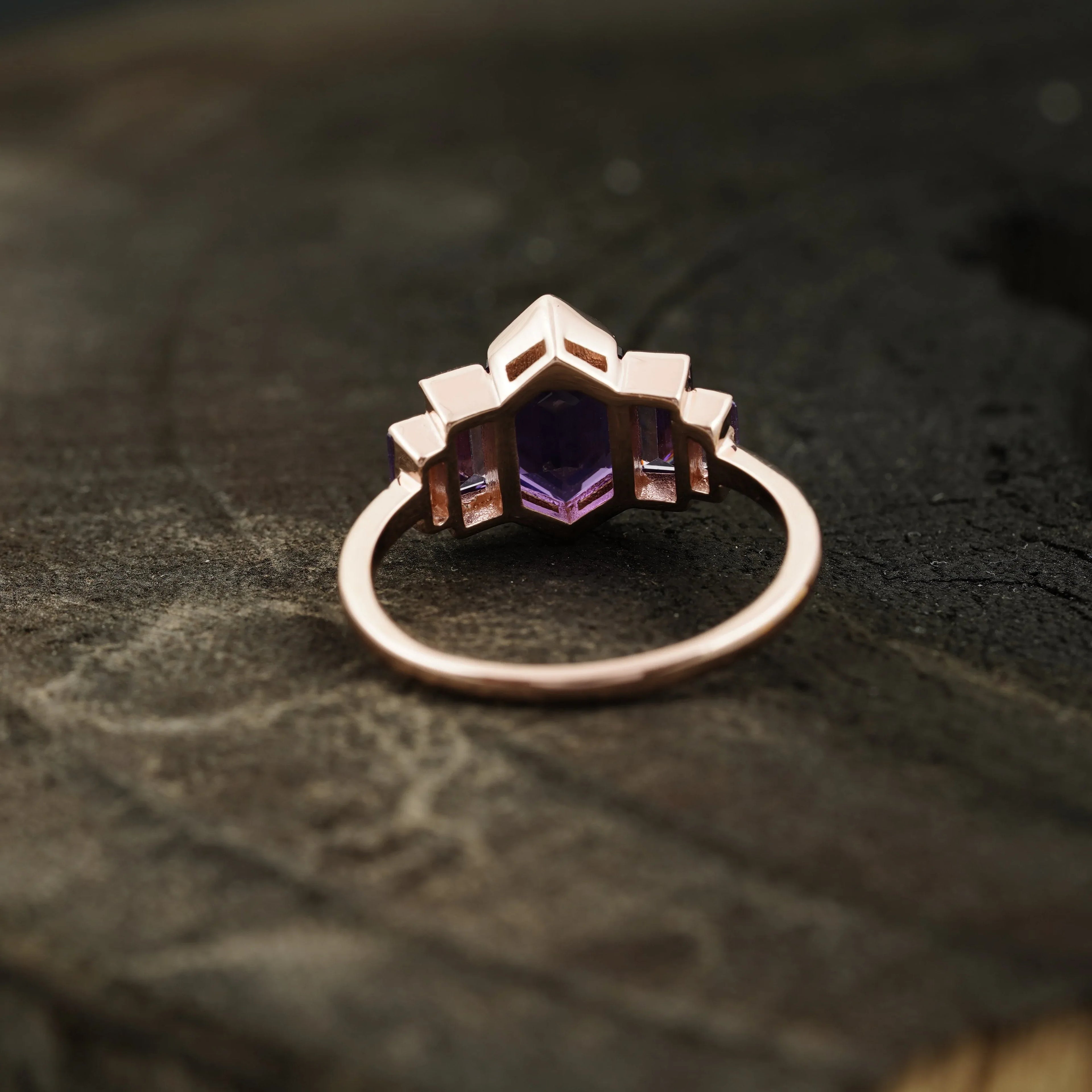 Hexagon Cut Purple Amethyst Bezel Set Engagement Ring - MinimalistJewels