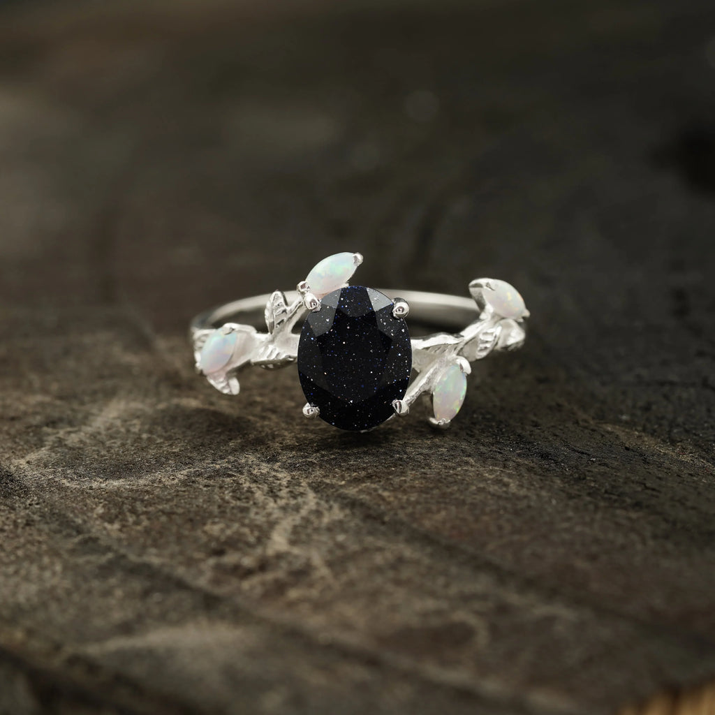 Oval Blue Sandstone Leaf Opal Silver Engagement Ring - MinimalistJewels