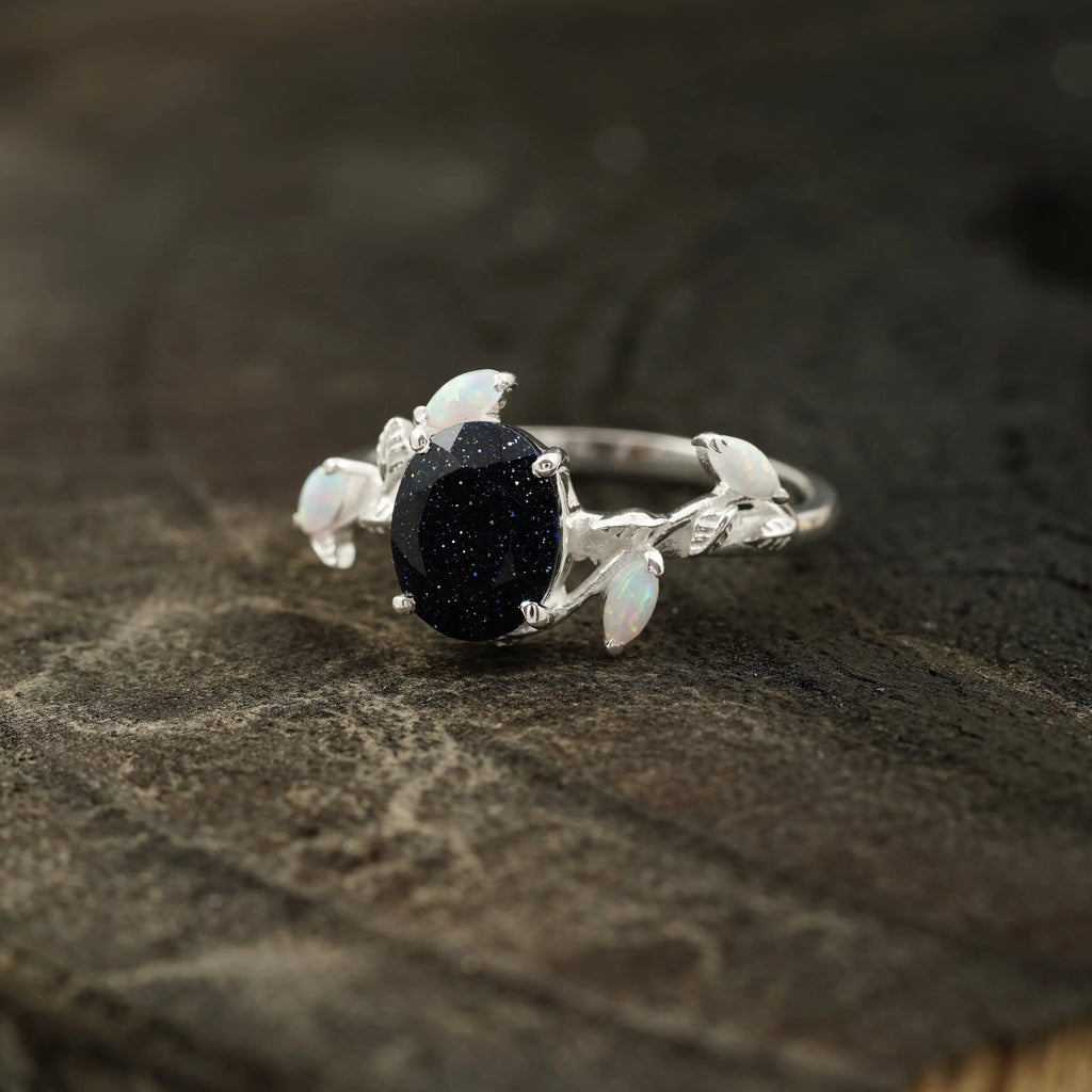 Oval Blue Sandstone Leaf Opal Silver Engagement Ring - MinimalistJewels