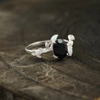 Oval Blue Sandstone Leaf Opal Silver Engagement Ring - MinimalistJewels