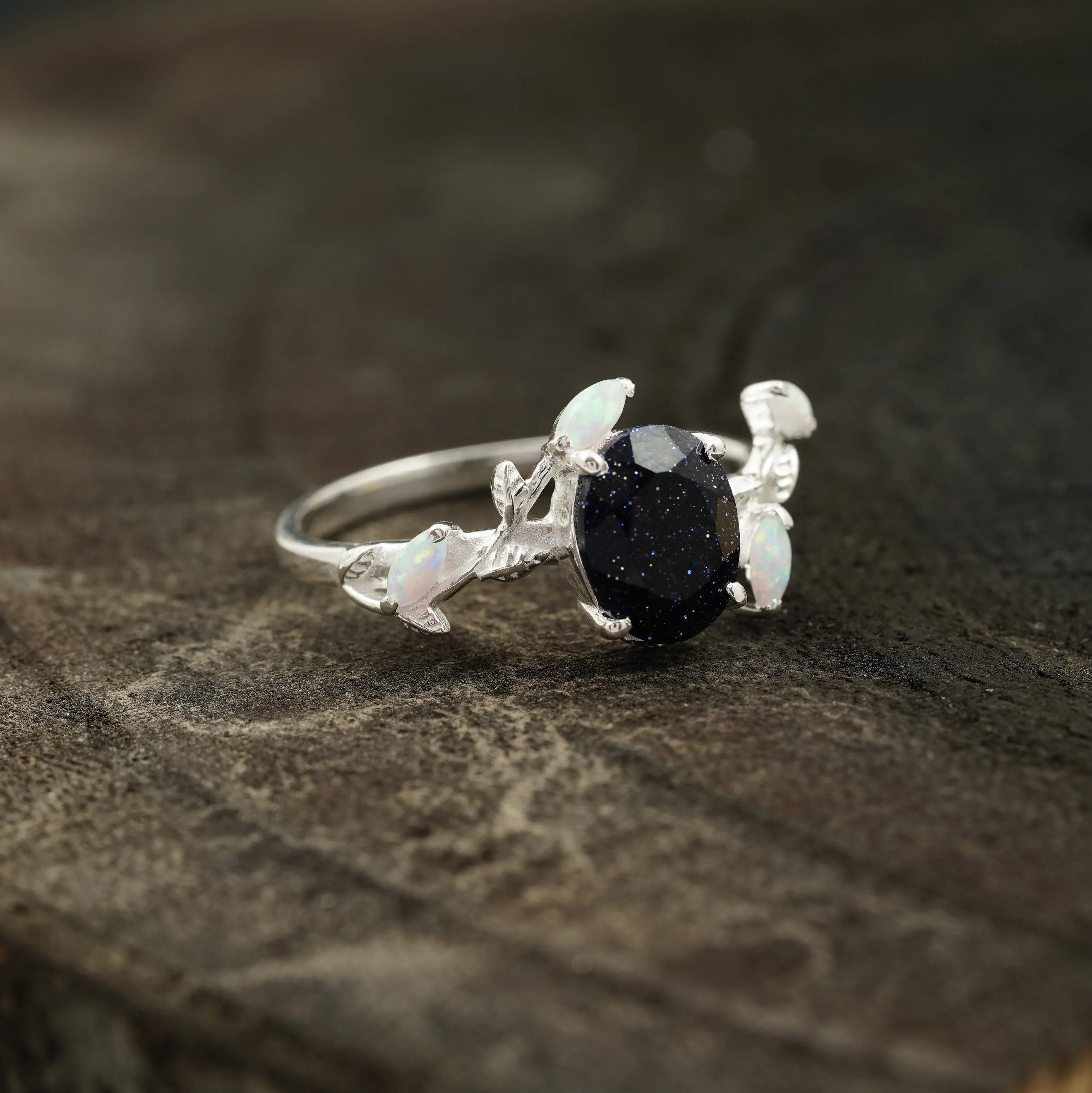 Oval Blue Sandstone Leaf Opal Silver Engagement Ring - MinimalistJewels