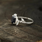 Oval Blue Sandstone Leaf Opal Silver Engagement Ring - MinimalistJewels
