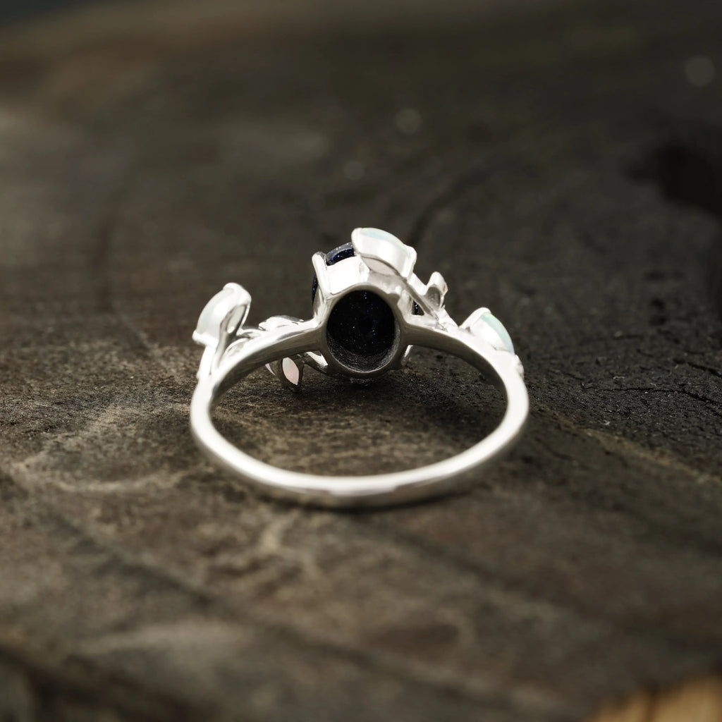 Oval Blue Sandstone Leaf Opal Silver Engagement Ring - MinimalistJewels